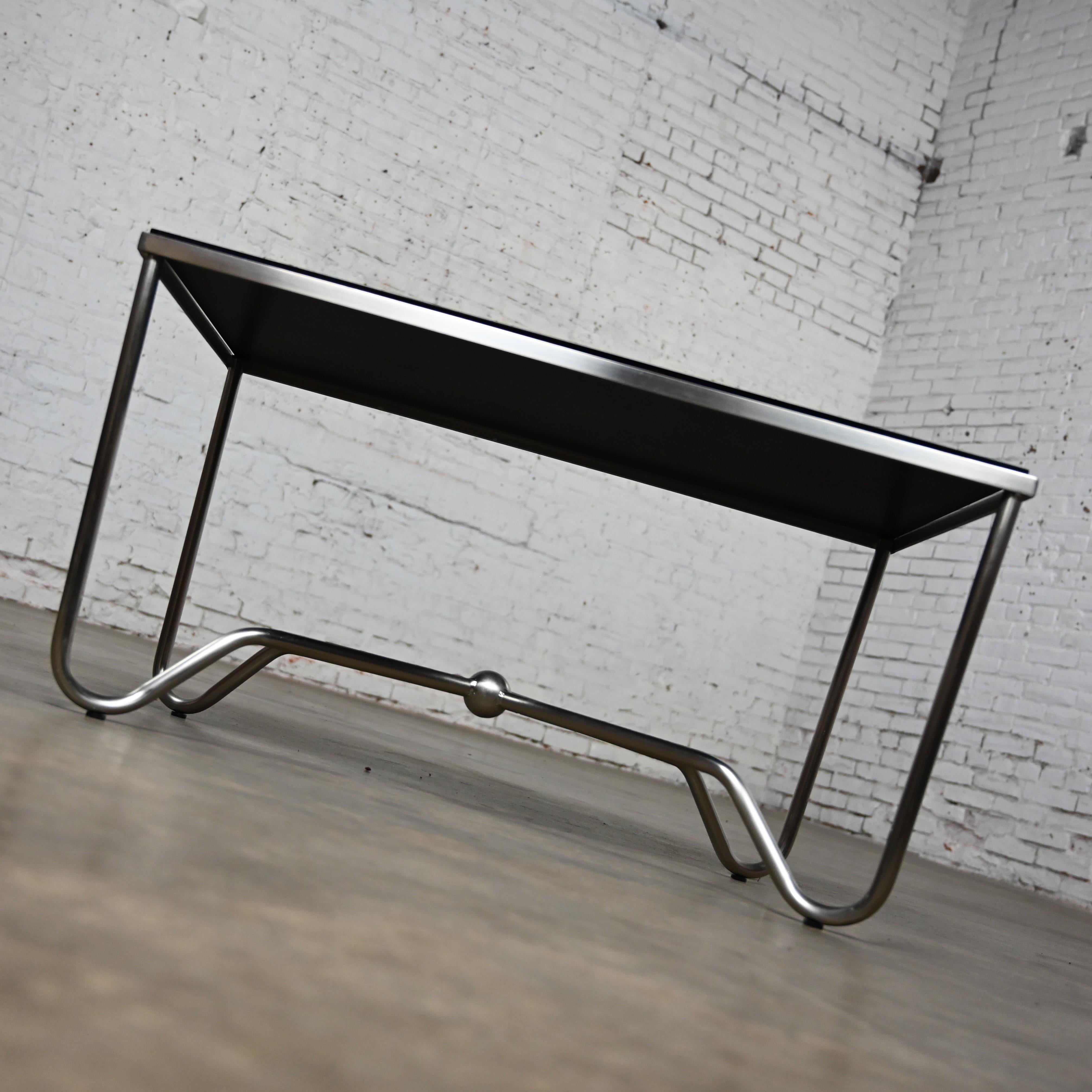 Late 20th Century Modern Brushed Steel Tube Coffee Table Removeable Black Glass  For Sale 1