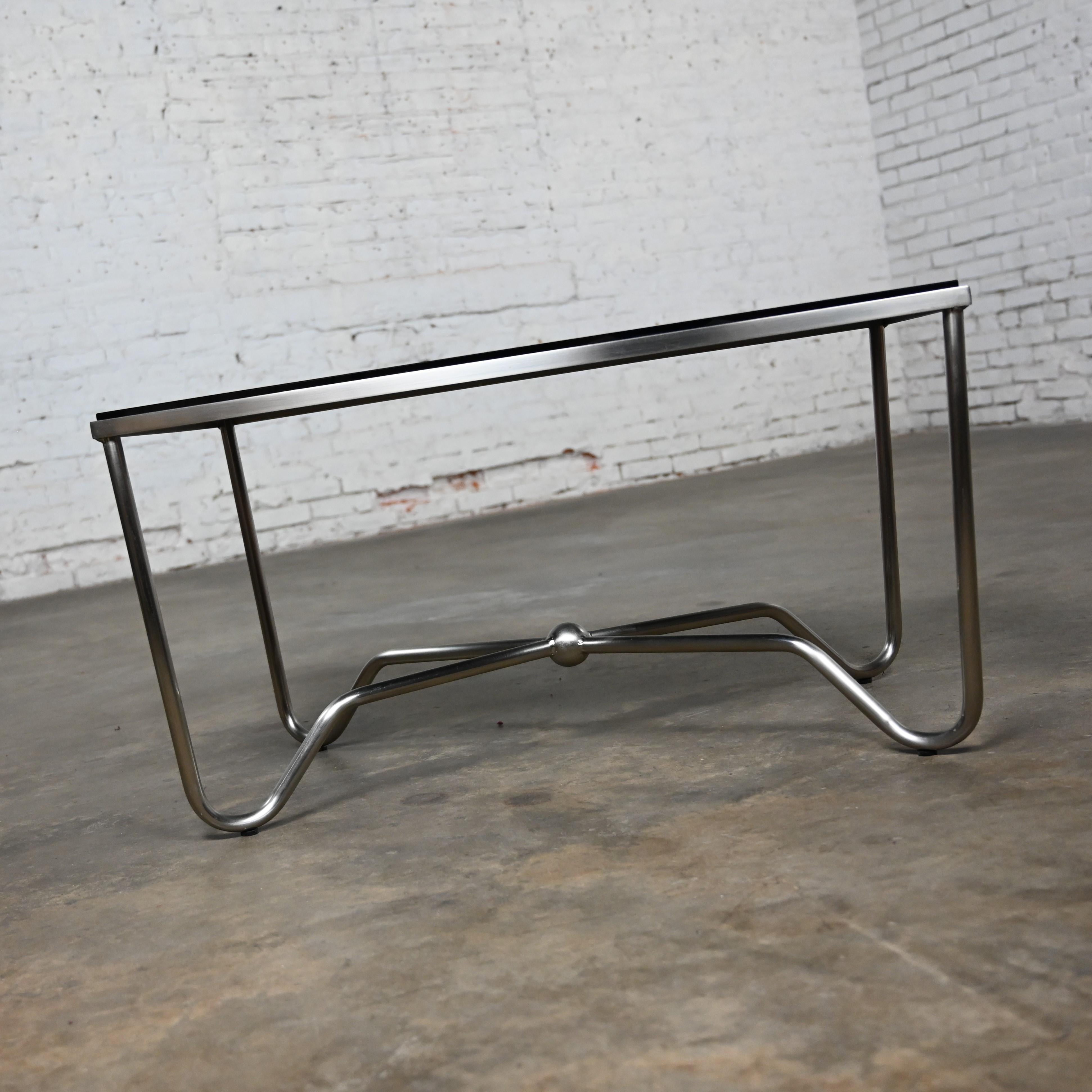 Late 20th Century Modern Brushed Steel Tube Coffee Table Removeable Black Glass  For Sale 2