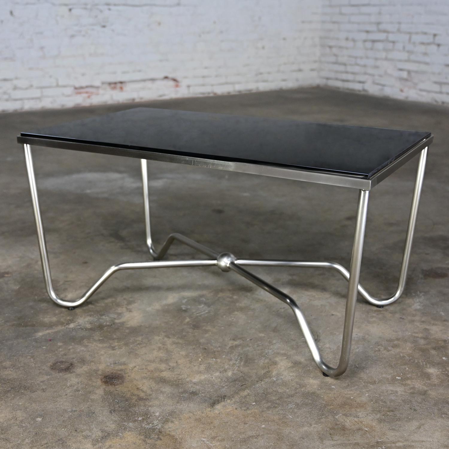 Late 20th Century Modern Brushed Steel Tube Coffee Table Removeable Black Glass  For Sale 3