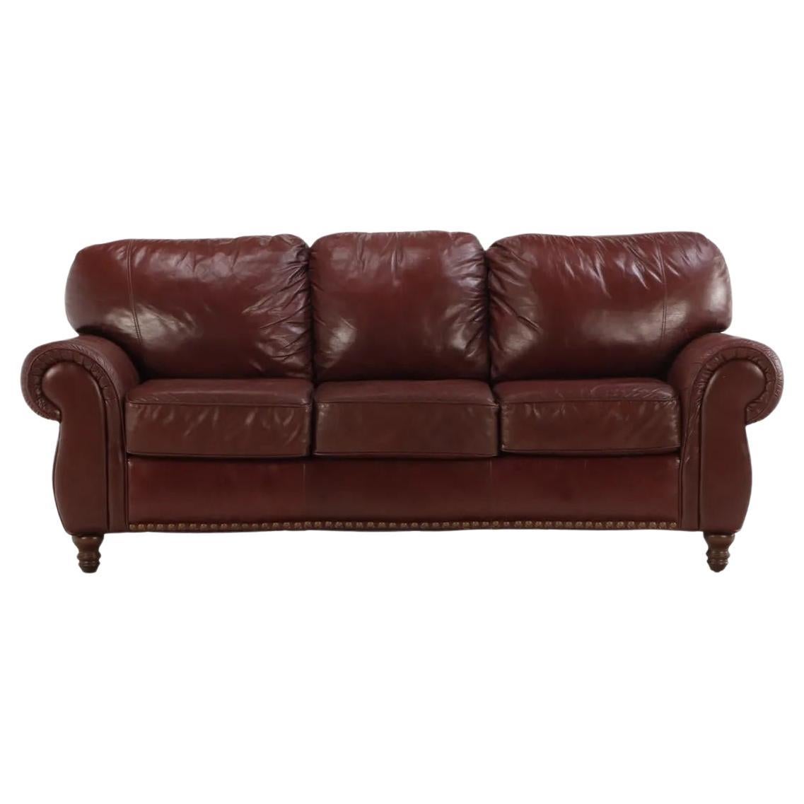 Late 20th Century Modern Cognac Leather Sofa With Scroll Arm and Nailhead Trim