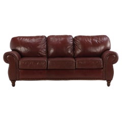 Vintage Late 20th Century Modern Cognac Leather Sofa With Scroll Arm and Nailhead Trim