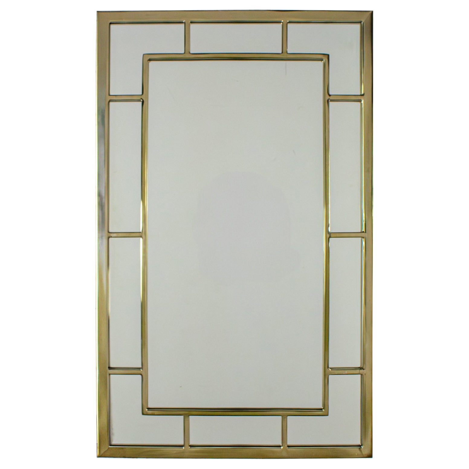 Late 20th Century Modern Large Rectangular Wall Mirror w/Brass Windowpane Frame For Sale
