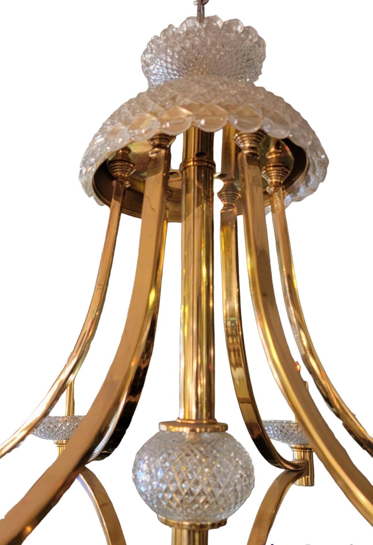 Late 20th Century Modern Style Brass Handcut Crystal Six-Light Chandelier In Good Condition For Sale In Pasadena, CA