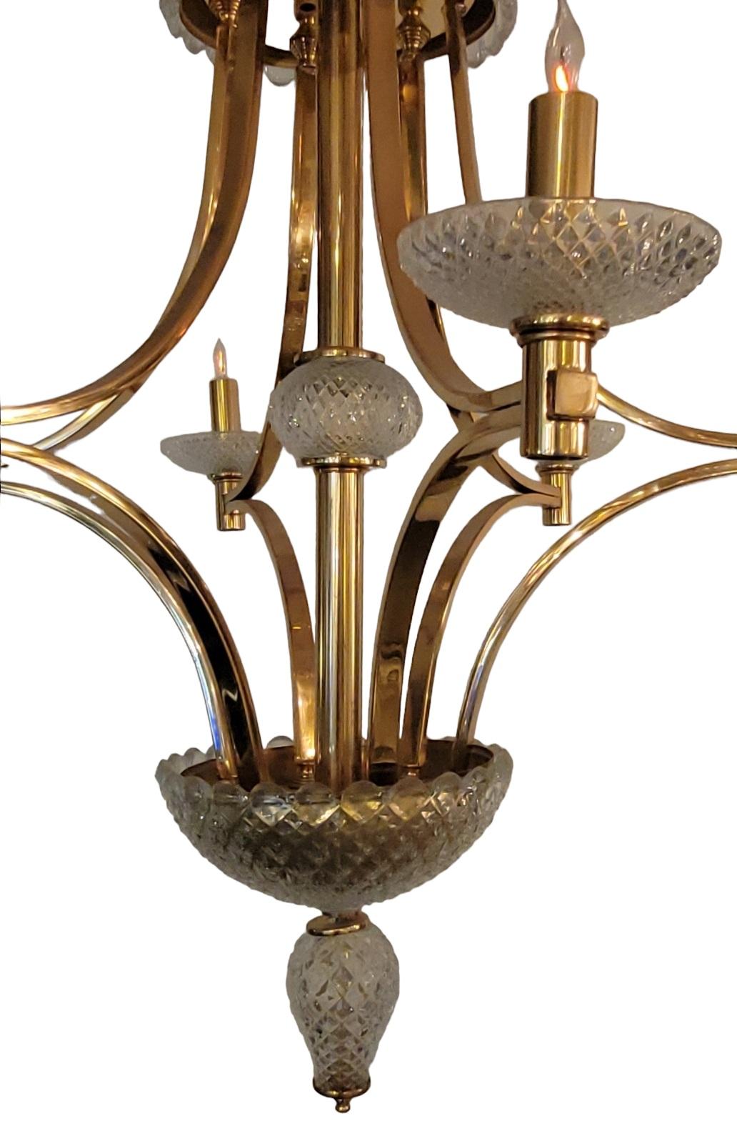 Late 20th Century Modern Style Brass Handcut Crystal Six-Light Chandelier For Sale 1