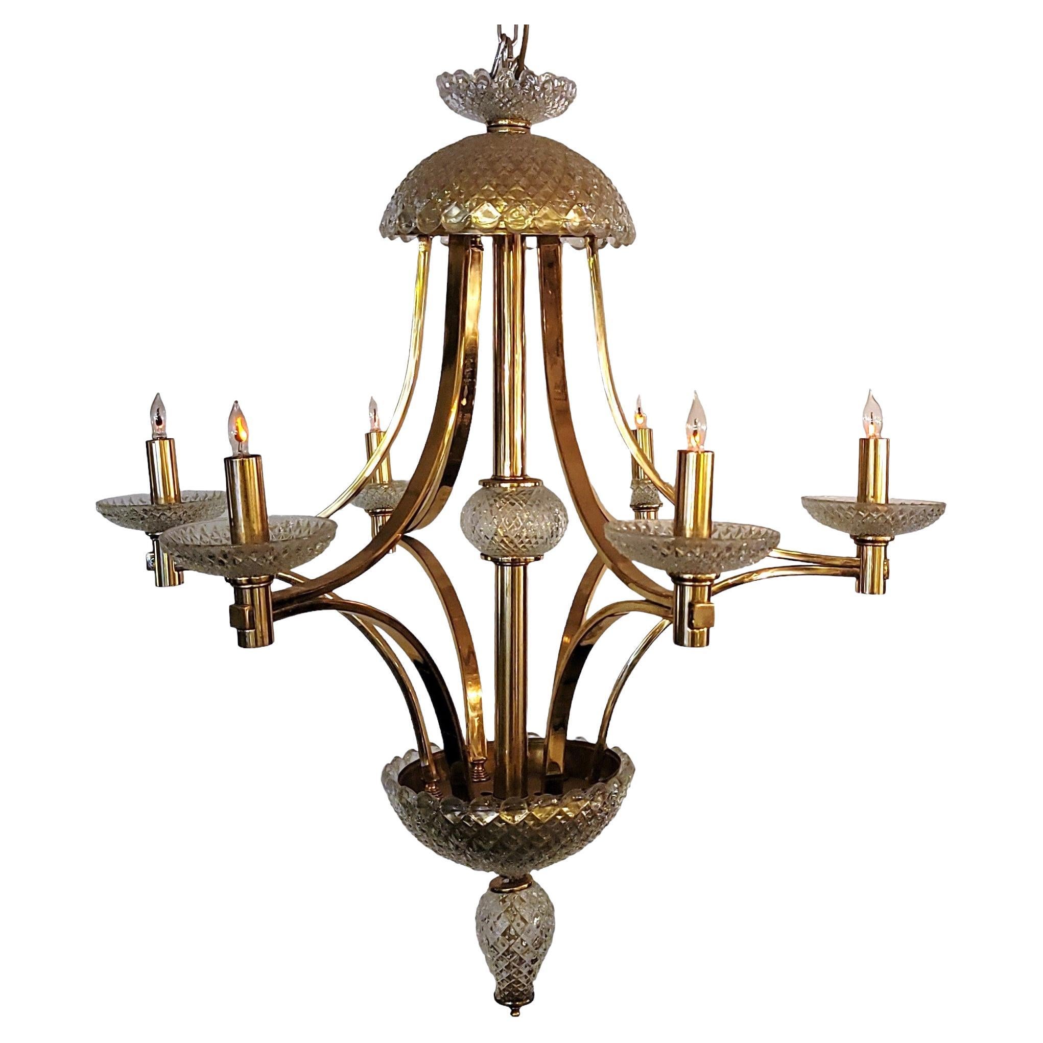 Late 20th Century Modern Style Brass Handcut Crystal Six-Light Chandelier For Sale