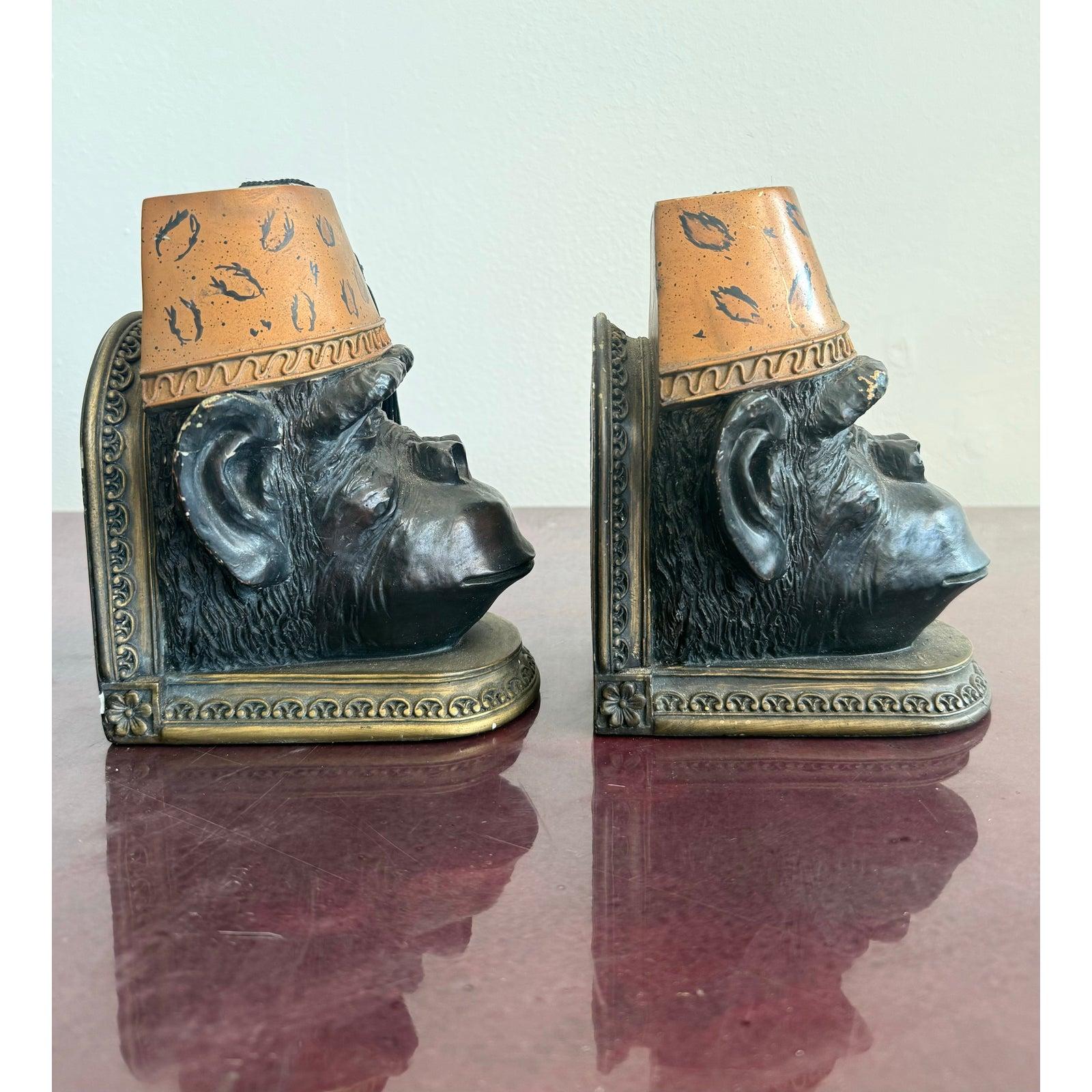 American Late 20th Century Monkey Head Bookend With Fez Hats- a Pair For Sale