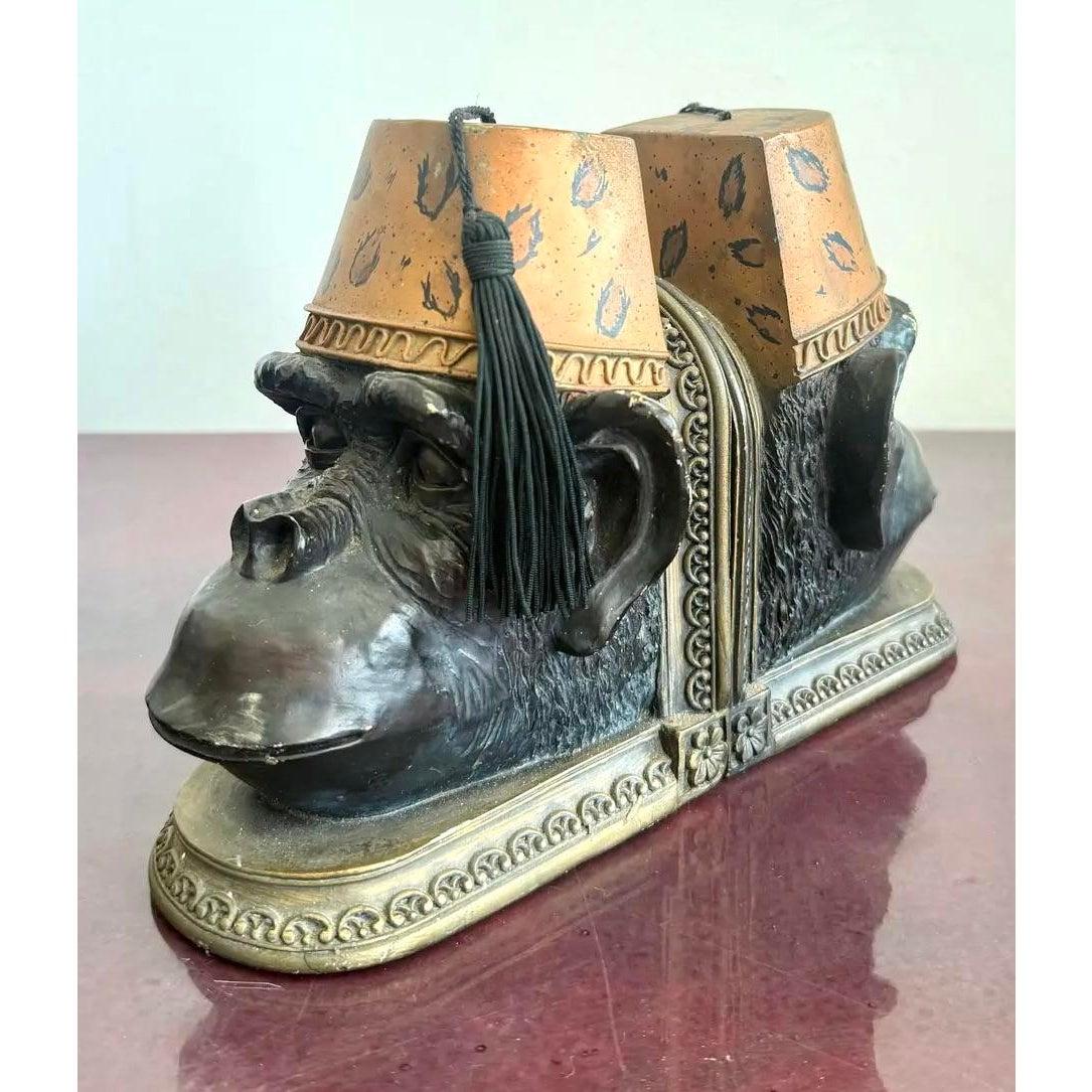 Metal Late 20th Century Monkey Head Bookend With Fez Hats- a Pair For Sale