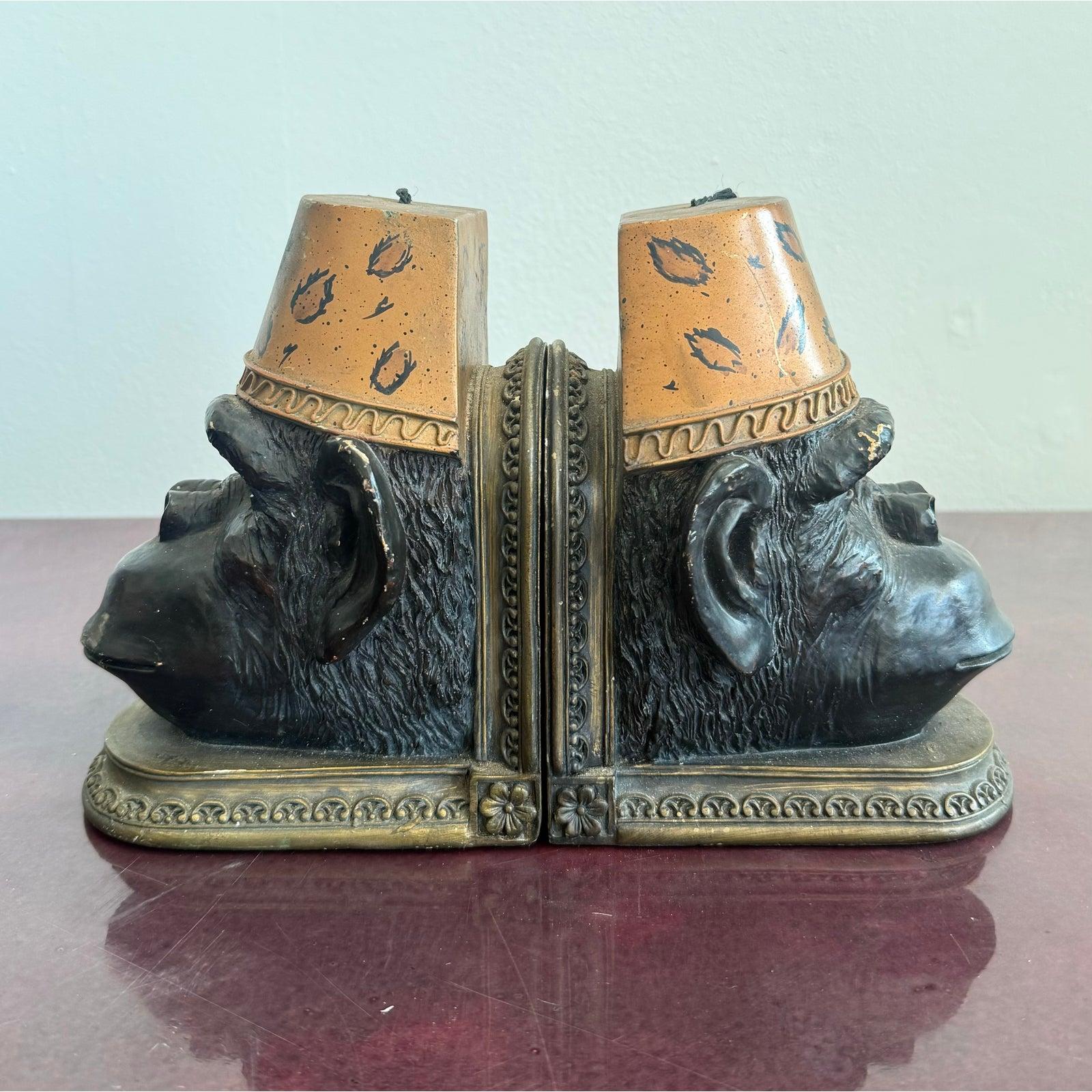 Late 20th Century Monkey Head Bookend With Fez Hats- a Pair For Sale 2