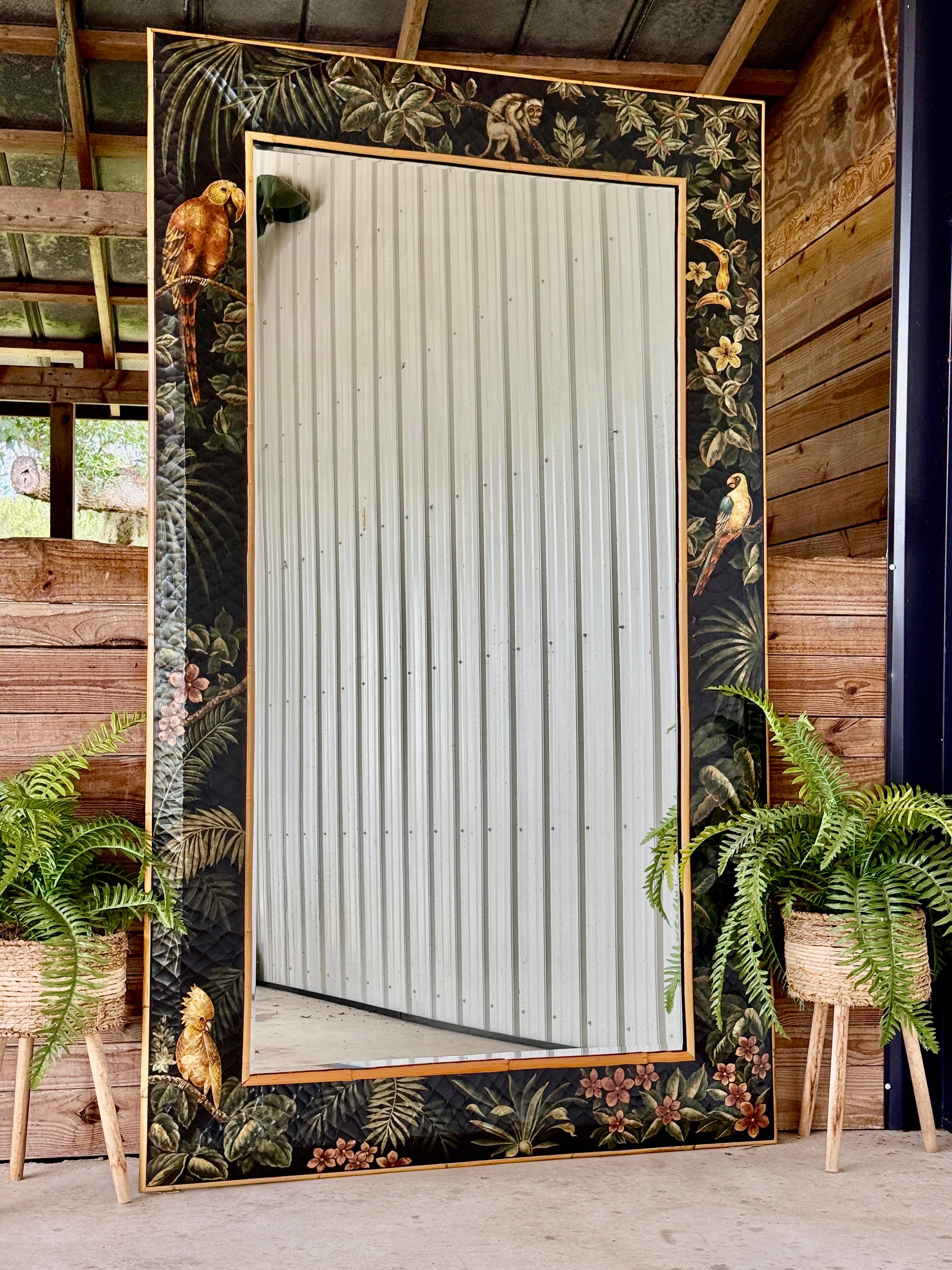 Late 20th Century Monumental Hand-Painted Tropical Floor Mirror & Rattan Accents For Sale 4