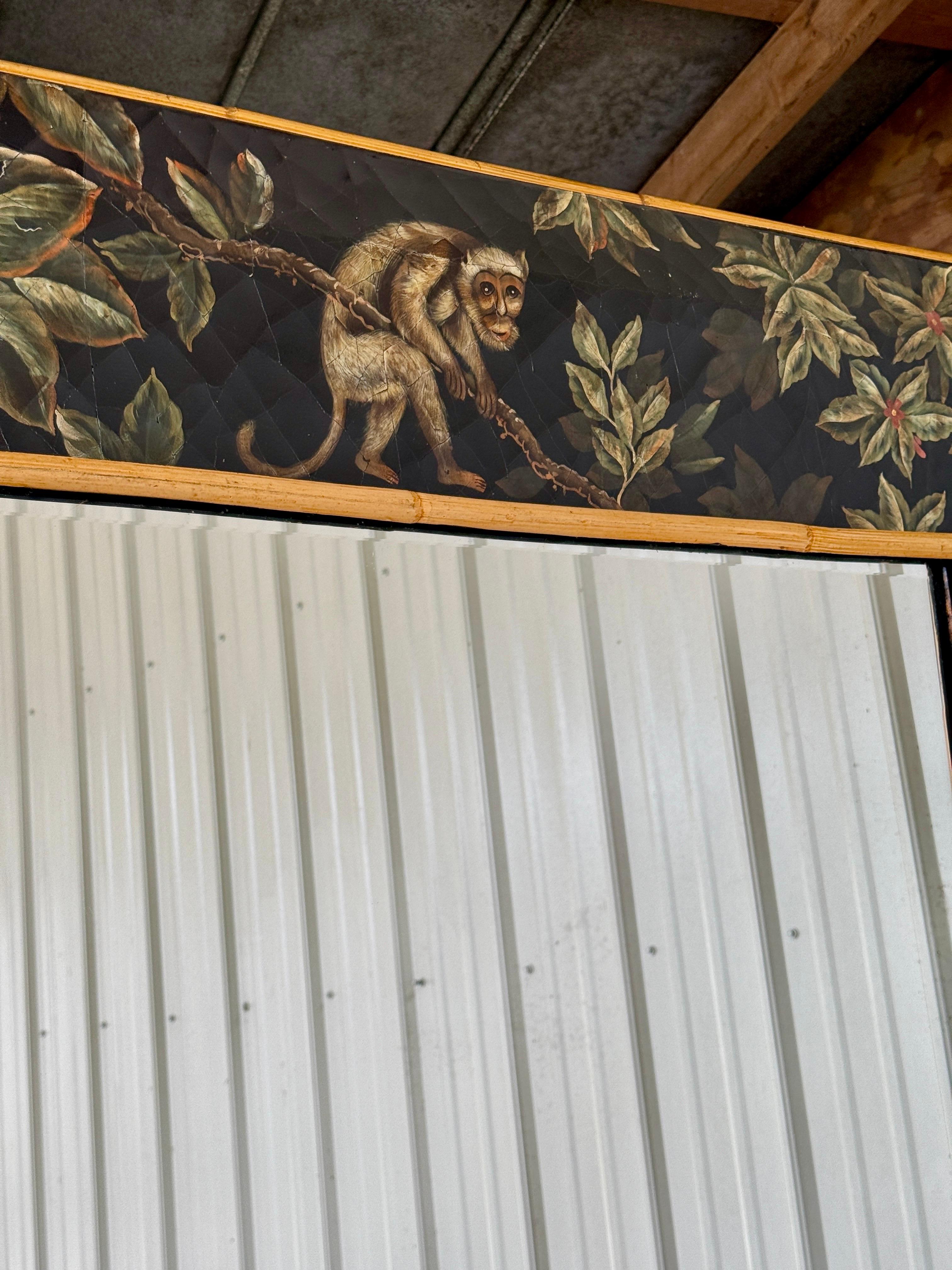 Late 20th Century Monumental Hand-Painted Tropical Floor Mirror & Rattan Accents For Sale 7