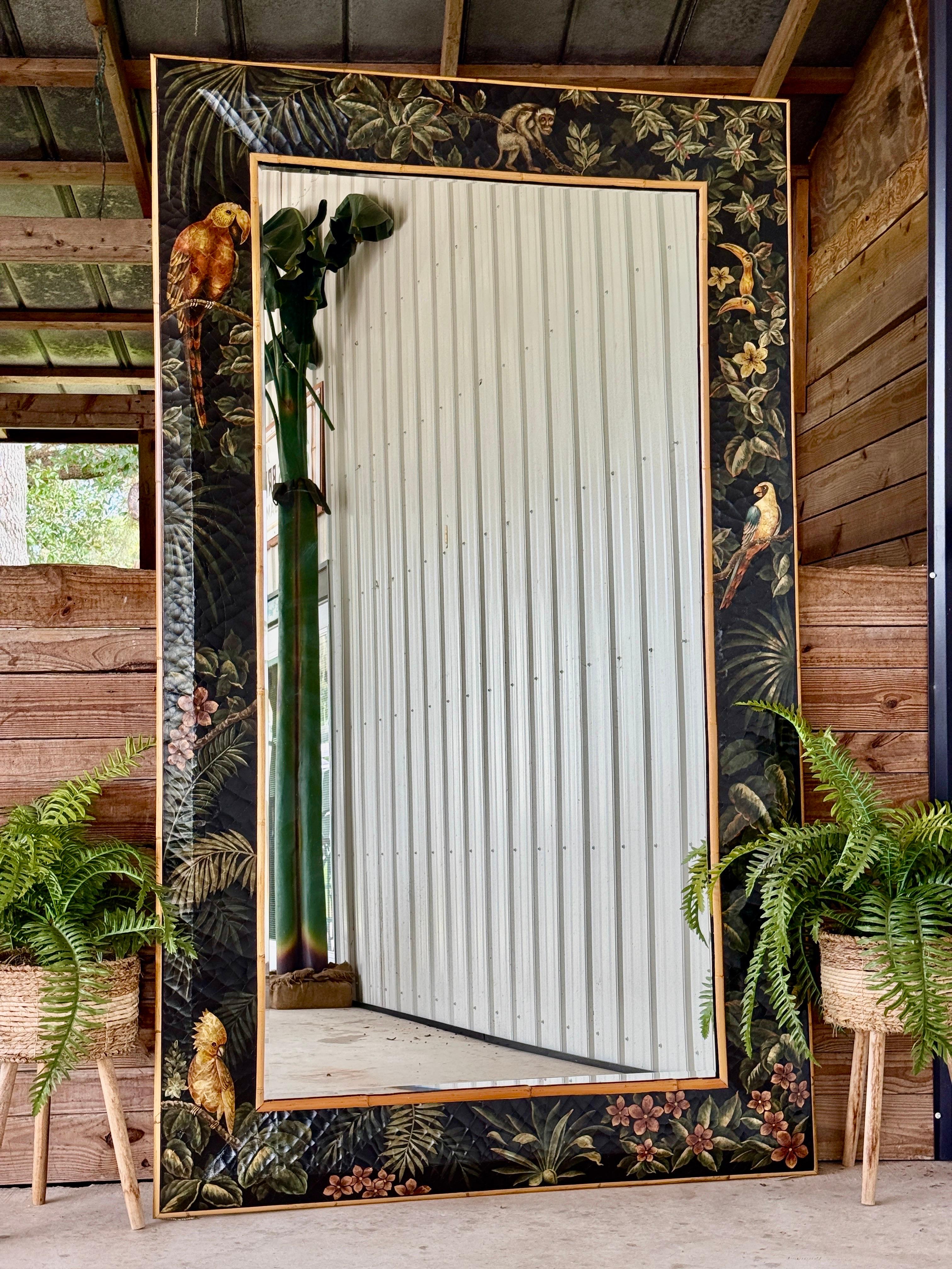 Late 20th Century Monumental Hand-Painted Tropical Floor Mirror & Rattan Accents For Sale 9