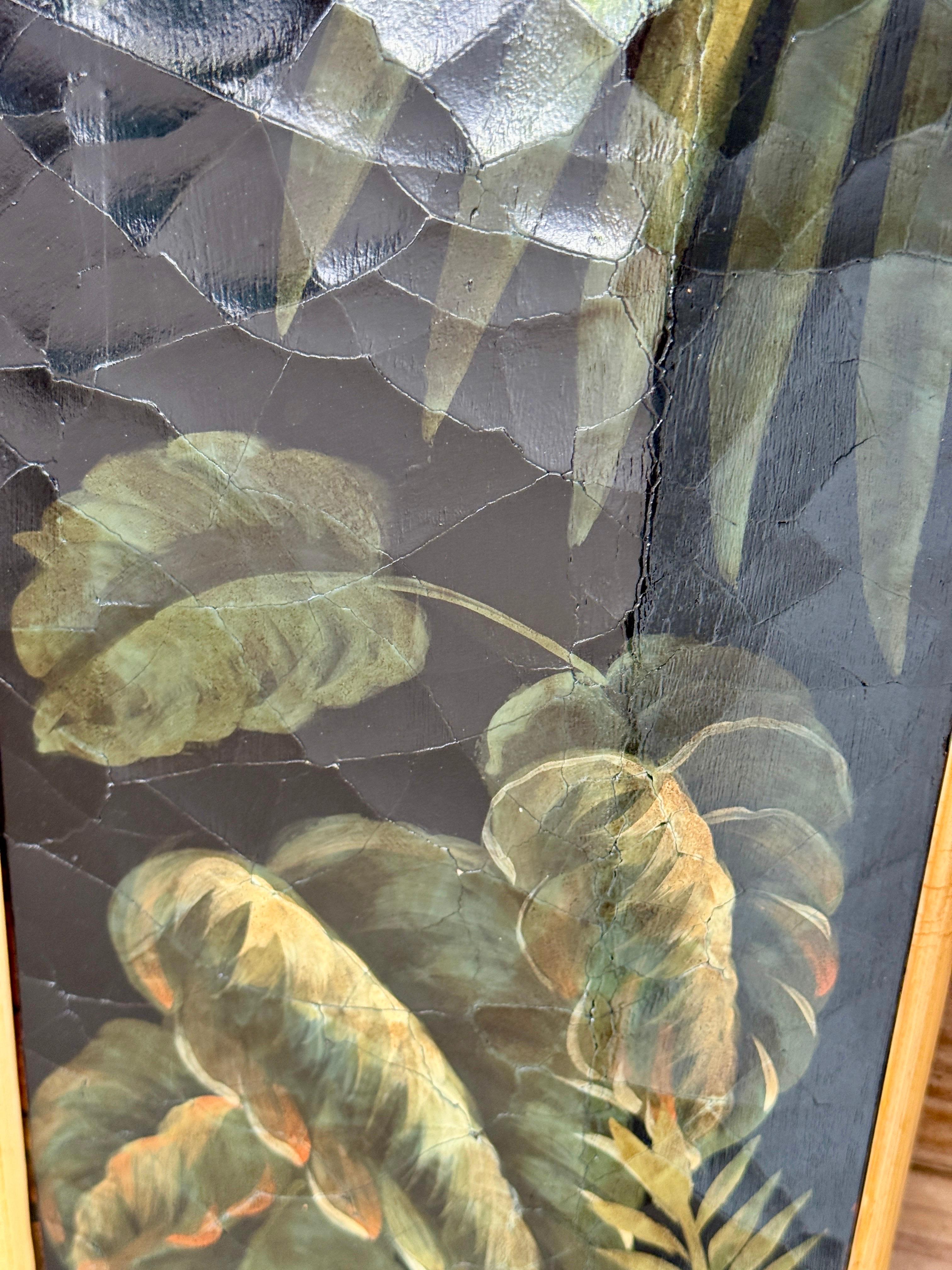 Regency Late 20th Century Monumental Hand-Painted Tropical Floor Mirror & Rattan Accents For Sale