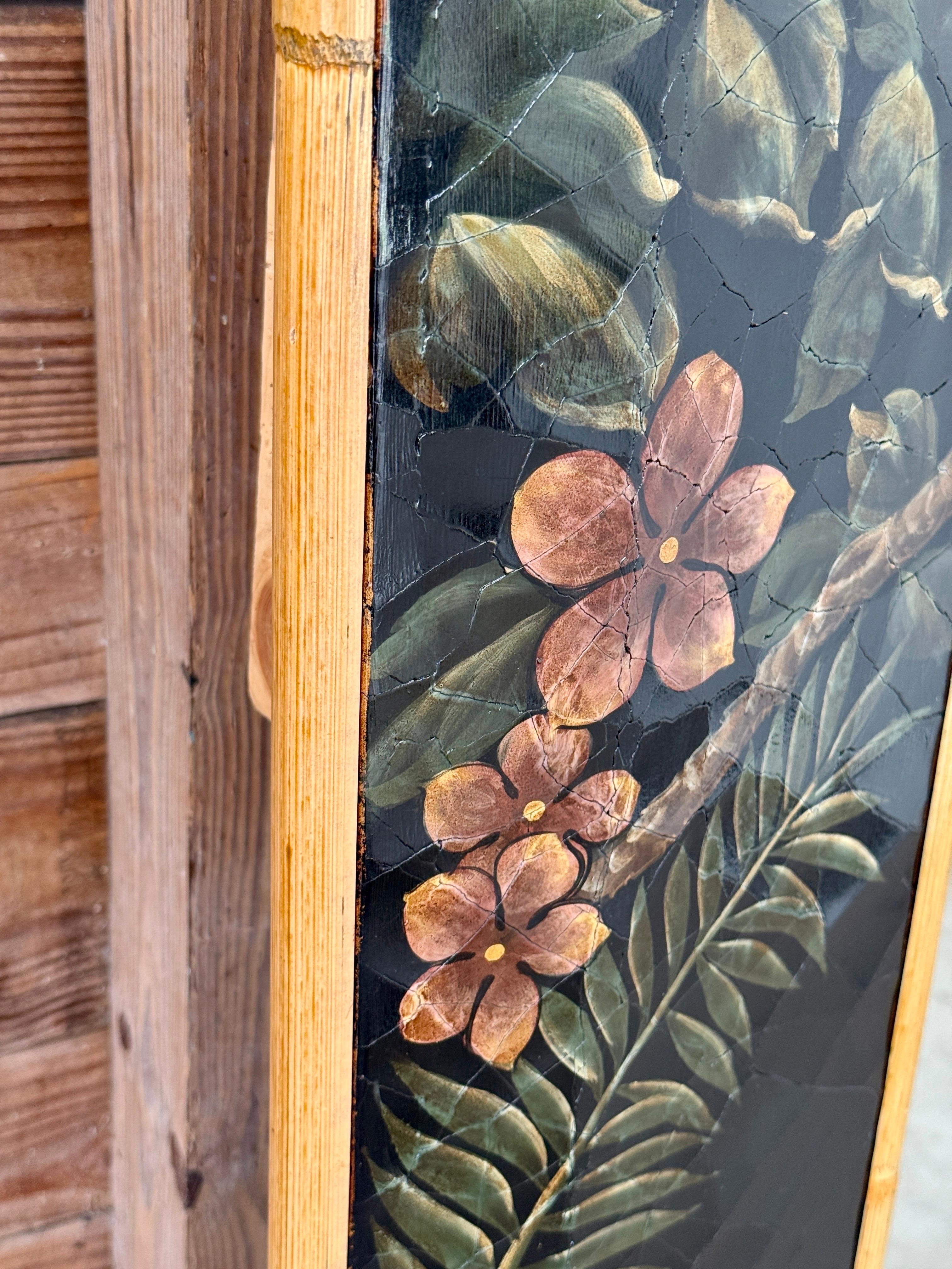 Unknown Late 20th Century Monumental Hand-Painted Tropical Floor Mirror & Rattan Accents For Sale