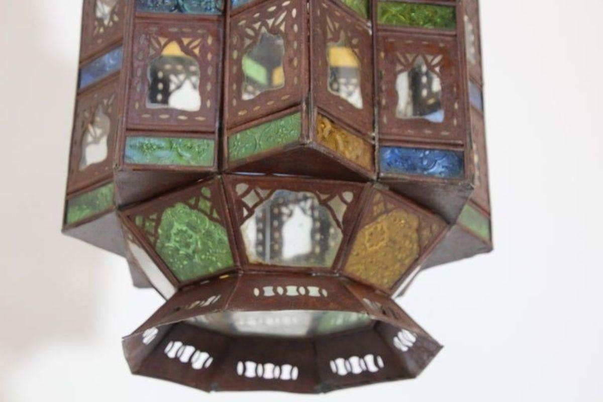 Farol marroquí morisco de cristal colgante de finales del siglo XX Metal en venta