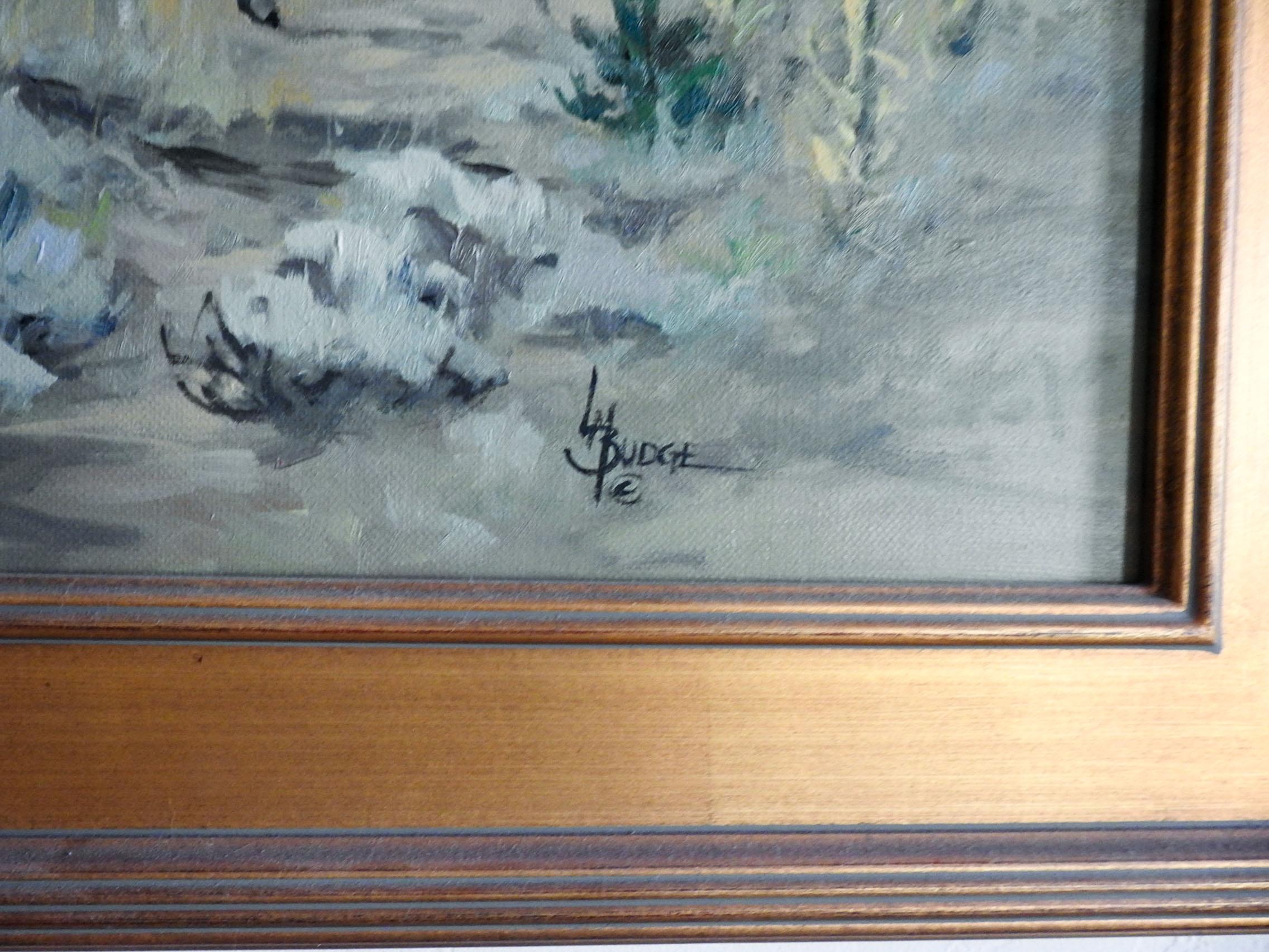 Oil on canvas of mule deer by Linda Budge. Signed lower right corner. Displayed in giltwood frame, opening size 23.5
