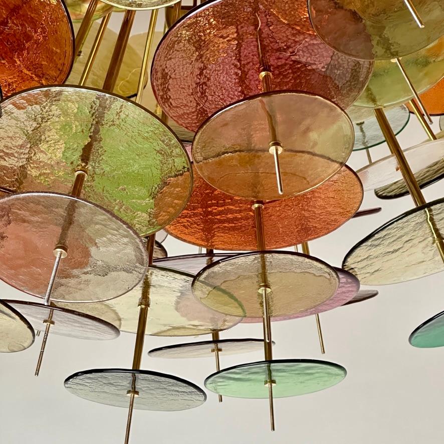Late 20th Century Multicolored Murano Glass Disks & Brass Sputnik Chandelier For Sale 4
