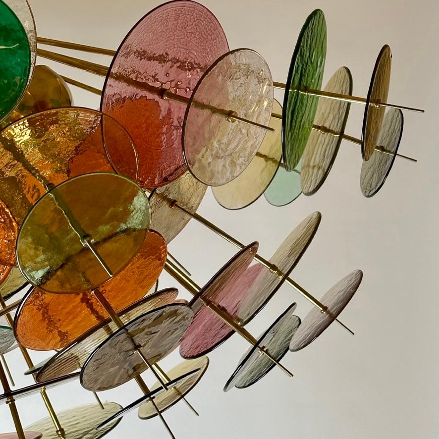 Late 20th Century Multicolored Murano Glass Disks & Brass Sputnik Chandelier For Sale 6