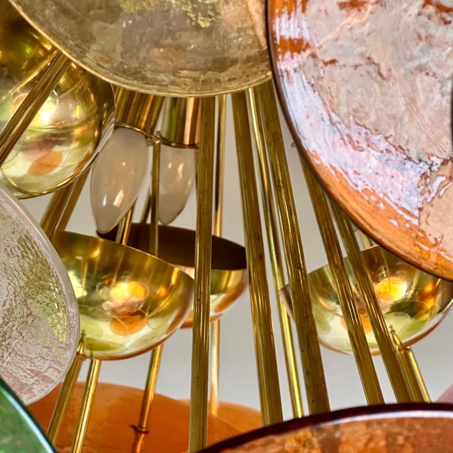 Contemporary Late 20th Century Multicolored Murano Glass Disks & Brass Sputnik Chandelier For Sale
