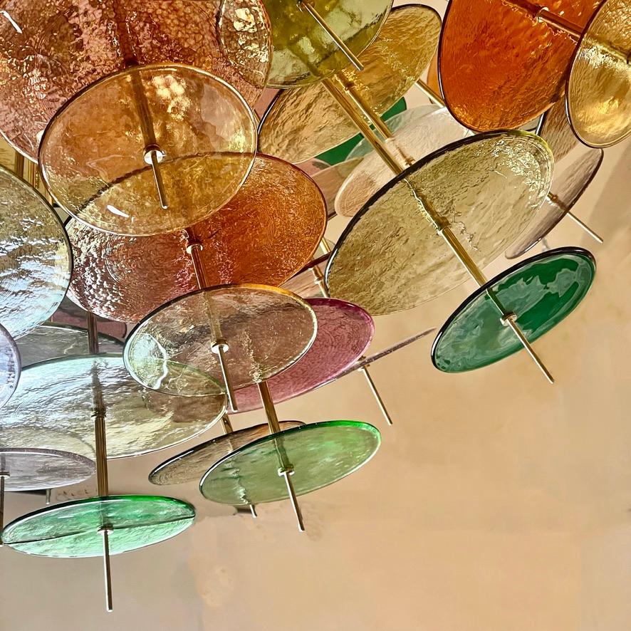 Late 20th Century Multicolored Murano Glass Disks & Brass Sputnik Chandelier For Sale 2
