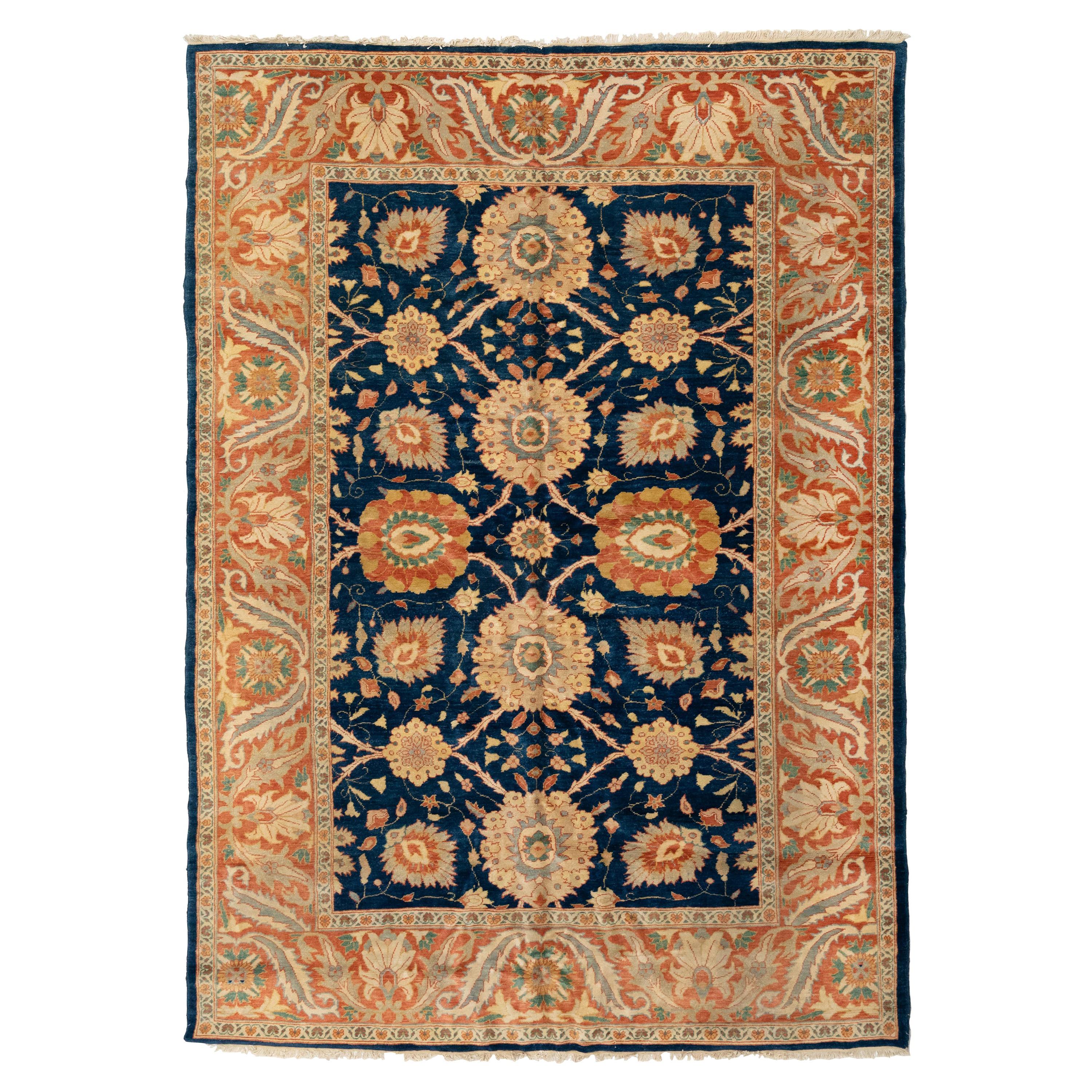 Late 20th Century Navy Blue Gold Ivory Floral Persian Sultananbad Design Rug