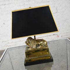 Late 20th Century Neoclassic Brass Lion Low Desk Lamp w/Rectangular Black Shade