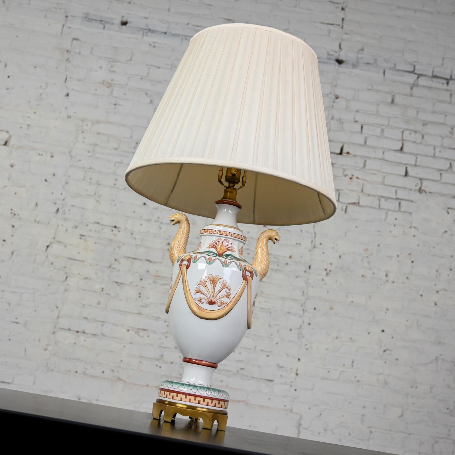 Brass Late 20th Century Neoclassic Maitland-Smith Porcelain Lamp Serpentine Lion Heads For Sale