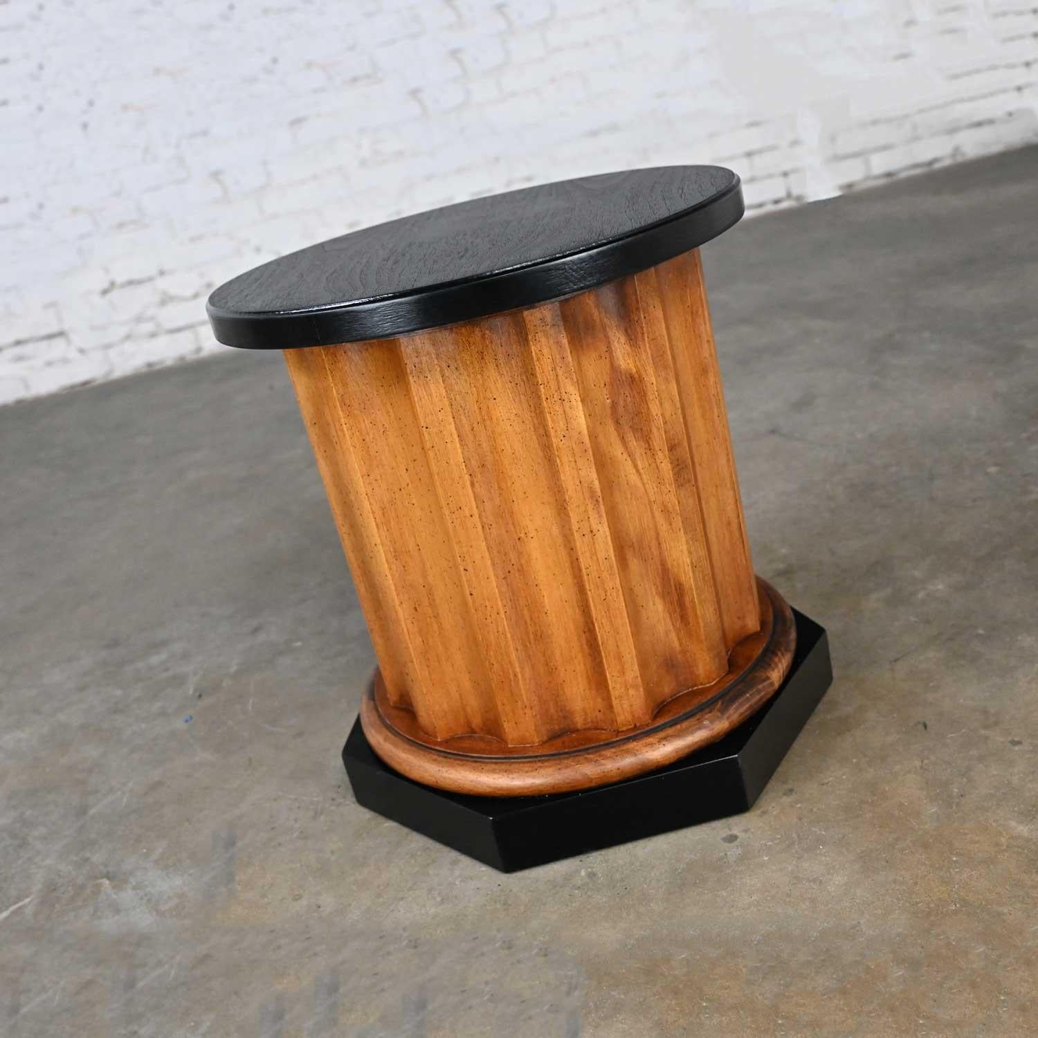 American Late 20th Century Neoclassic Revival Walnut Toned Wood & Black Column End Table For Sale