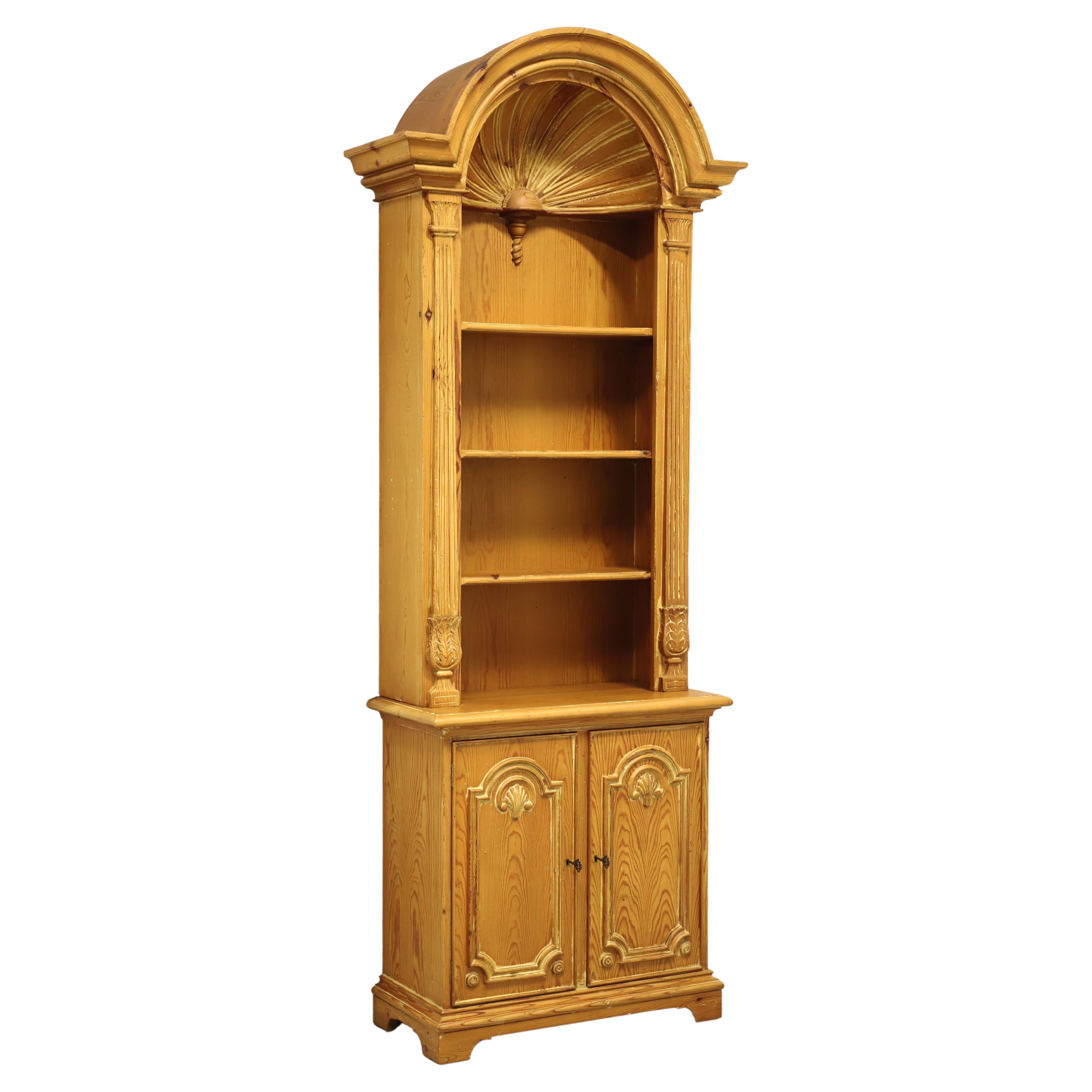 Late 20th Century Spanish Neoclassical Pine Carved Arch Bookcase with Cabinet For Sale