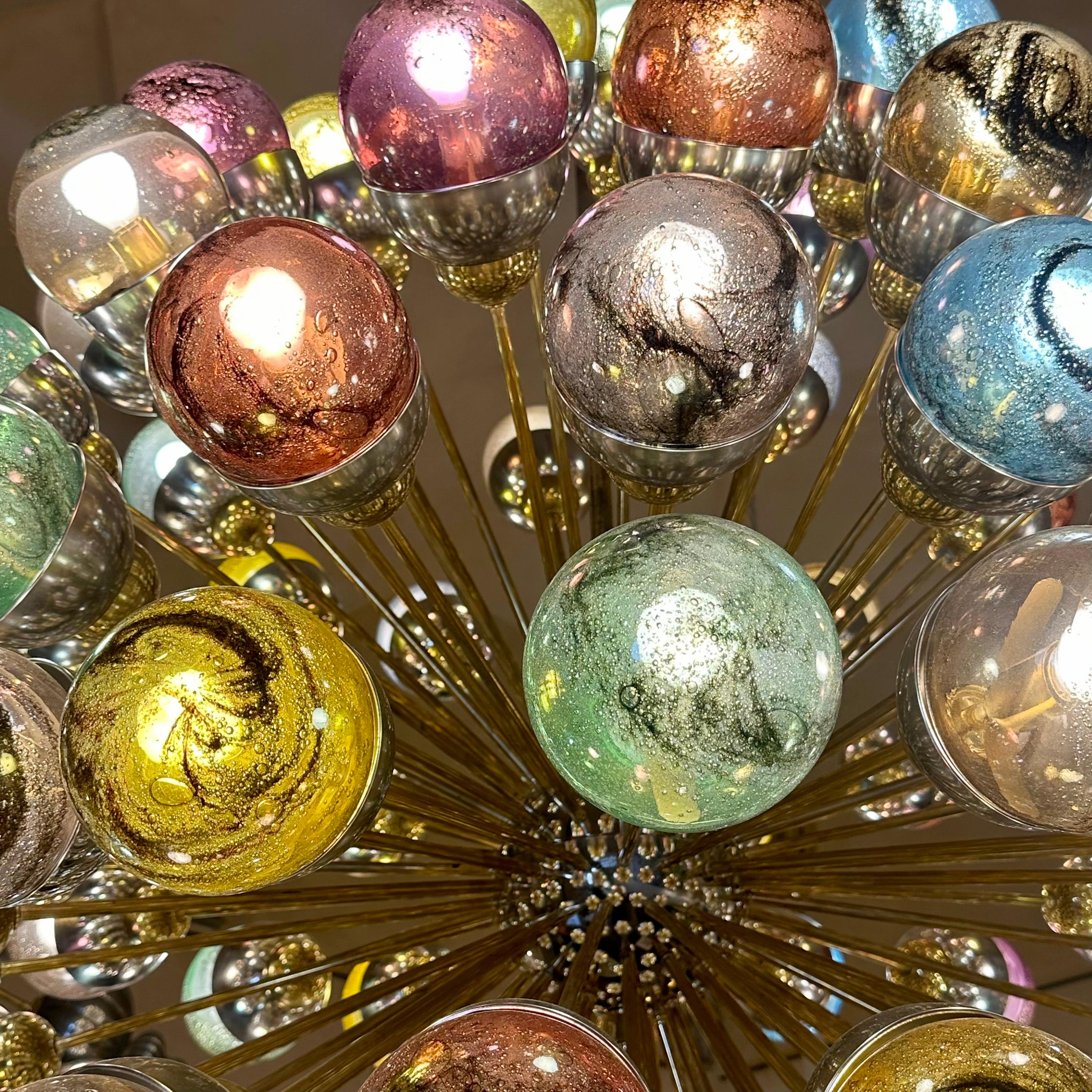 Modern Late 20th Century Nickel & Brass Sputnik Chandelier w/ Murano Art Glass Boules For Sale