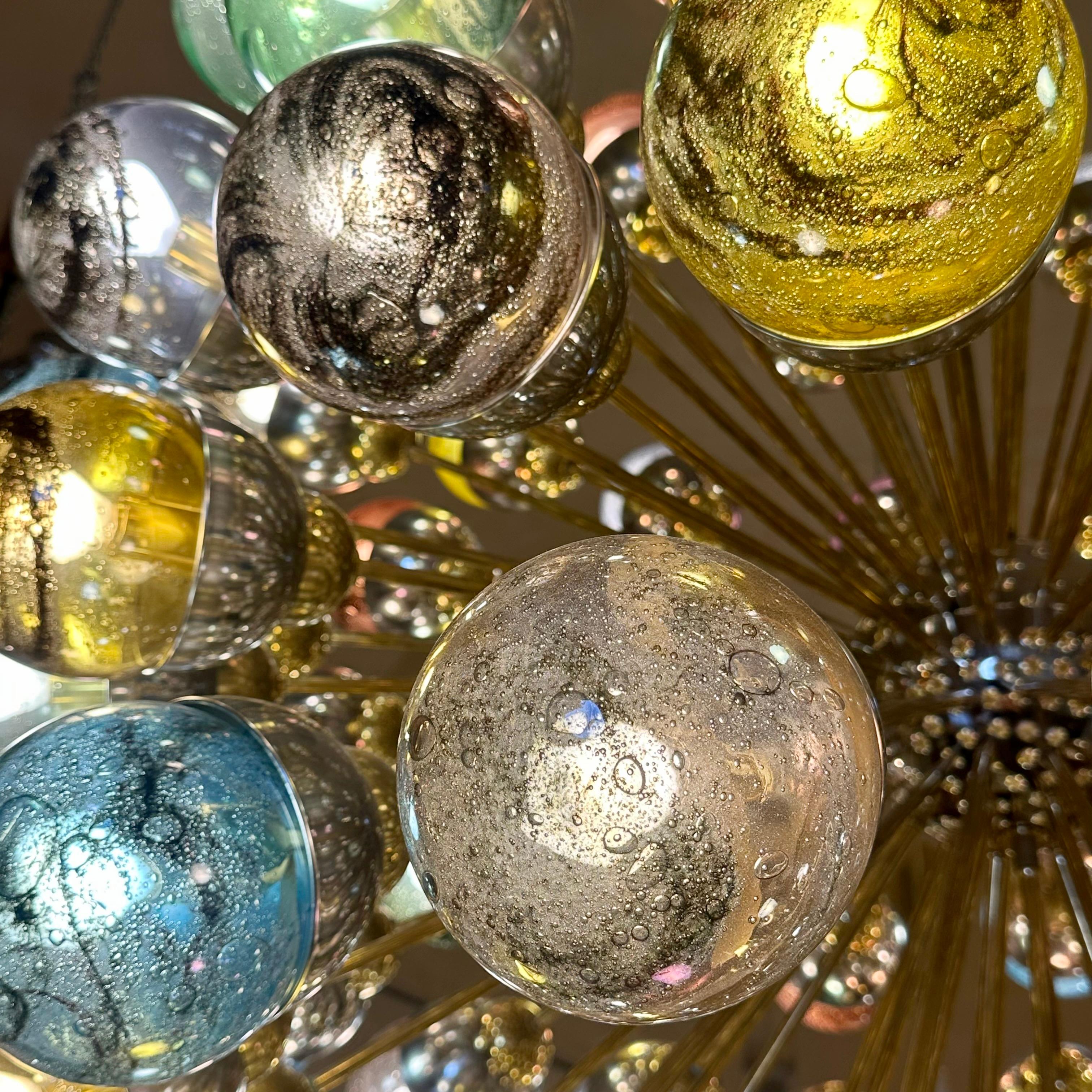 Italian Late 20th Century Nickel & Brass Sputnik Chandelier w/ Murano Art Glass Boules For Sale