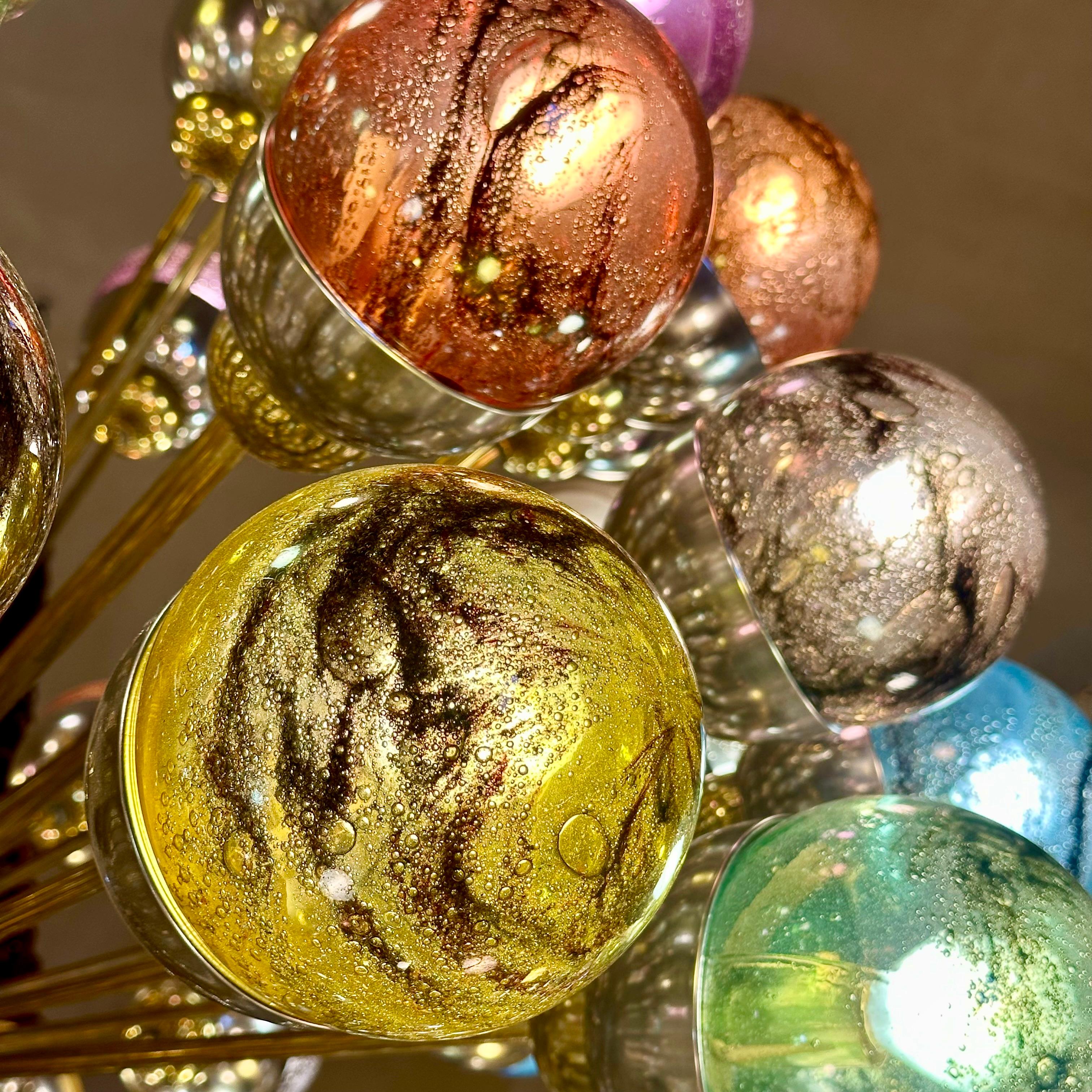 Late 20th Century Nickel & Brass Sputnik Chandelier w/ Murano Art Glass Boules In Good Condition For Sale In Firenze, Tuscany