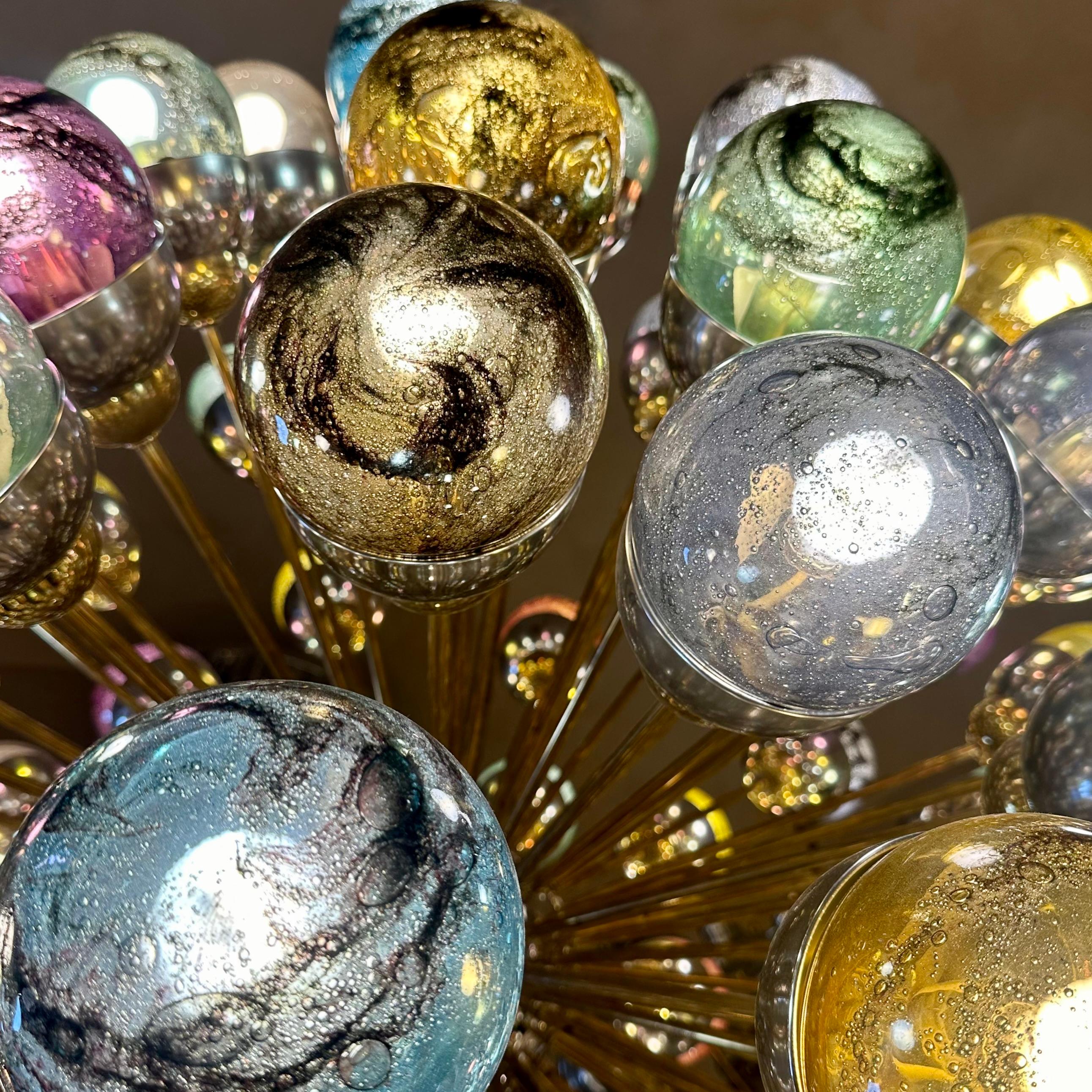 Late 20th Century Nickel & Brass Sputnik Chandelier w/ Murano Art Glass Boules For Sale 2