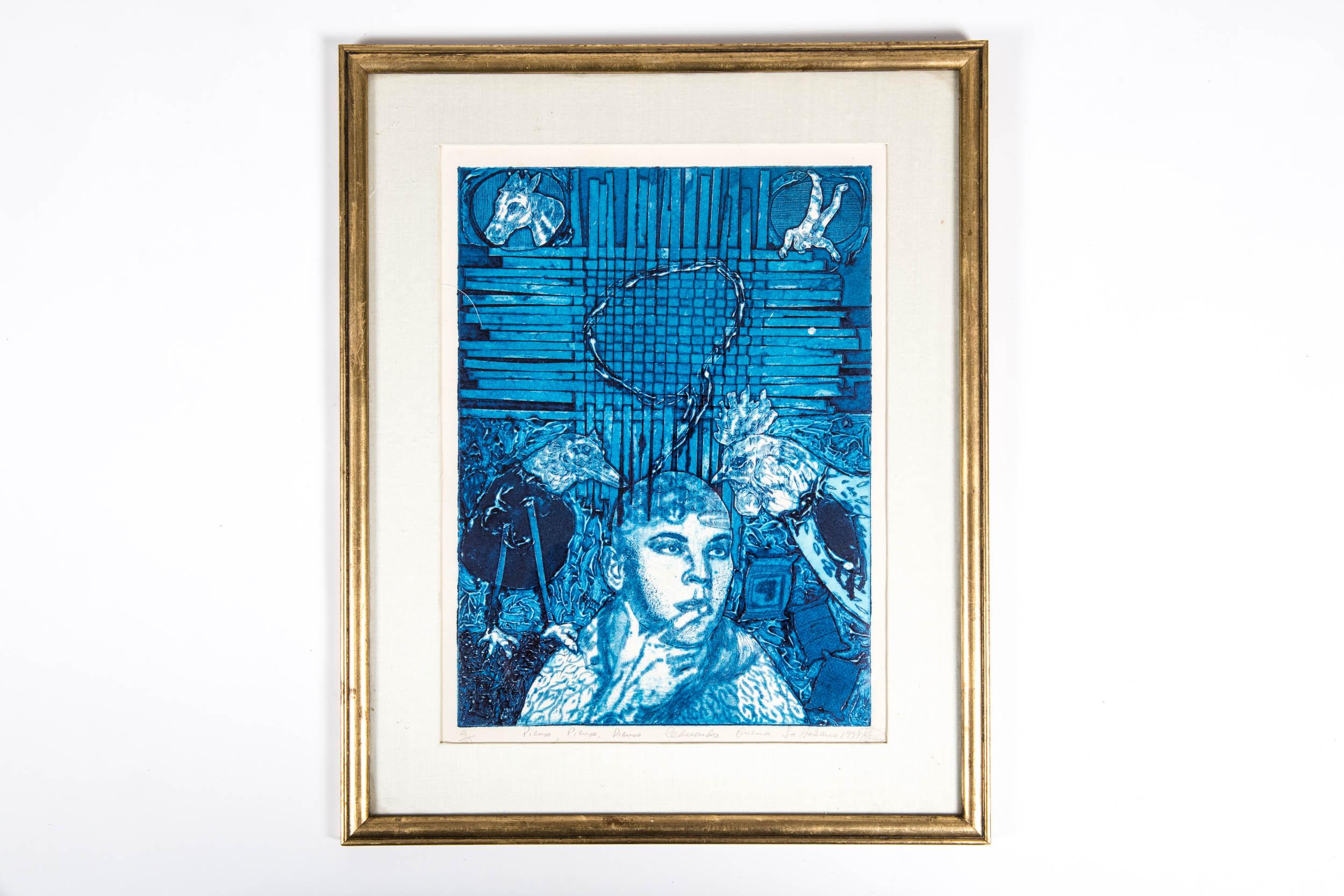 Late 20th century numbered  pienso drawing with gilt wood frame. The drawing is numbered, signed and dated by the artist. The drawing is in excellent condition. Minor wear consistent with use / age. The drawing is about 15.5 inches X 11.5 inches.