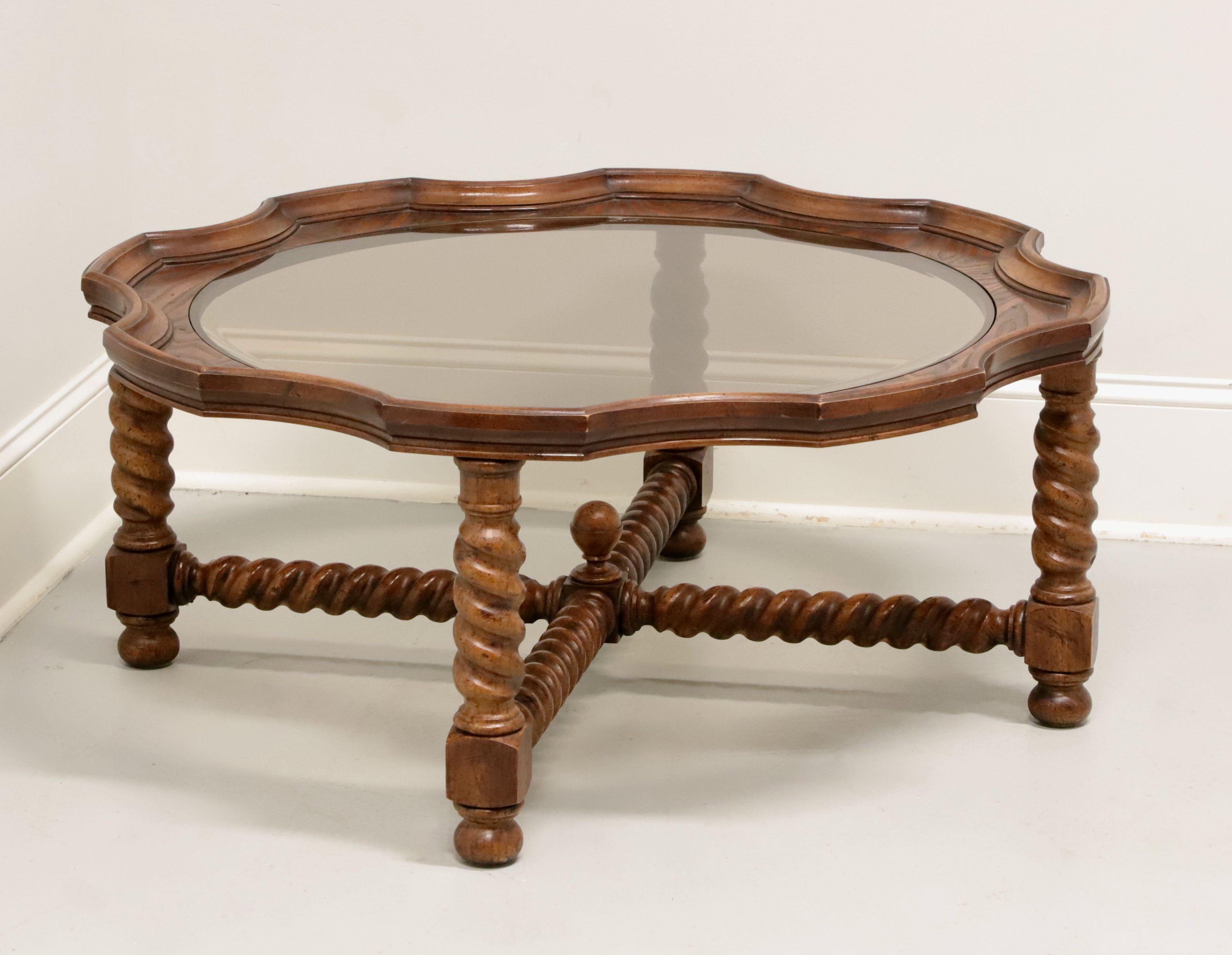 Late 20th Century Oak Barley Twist Jacobean Round Glass Top Coffee Table In Good Condition For Sale In Charlotte, NC