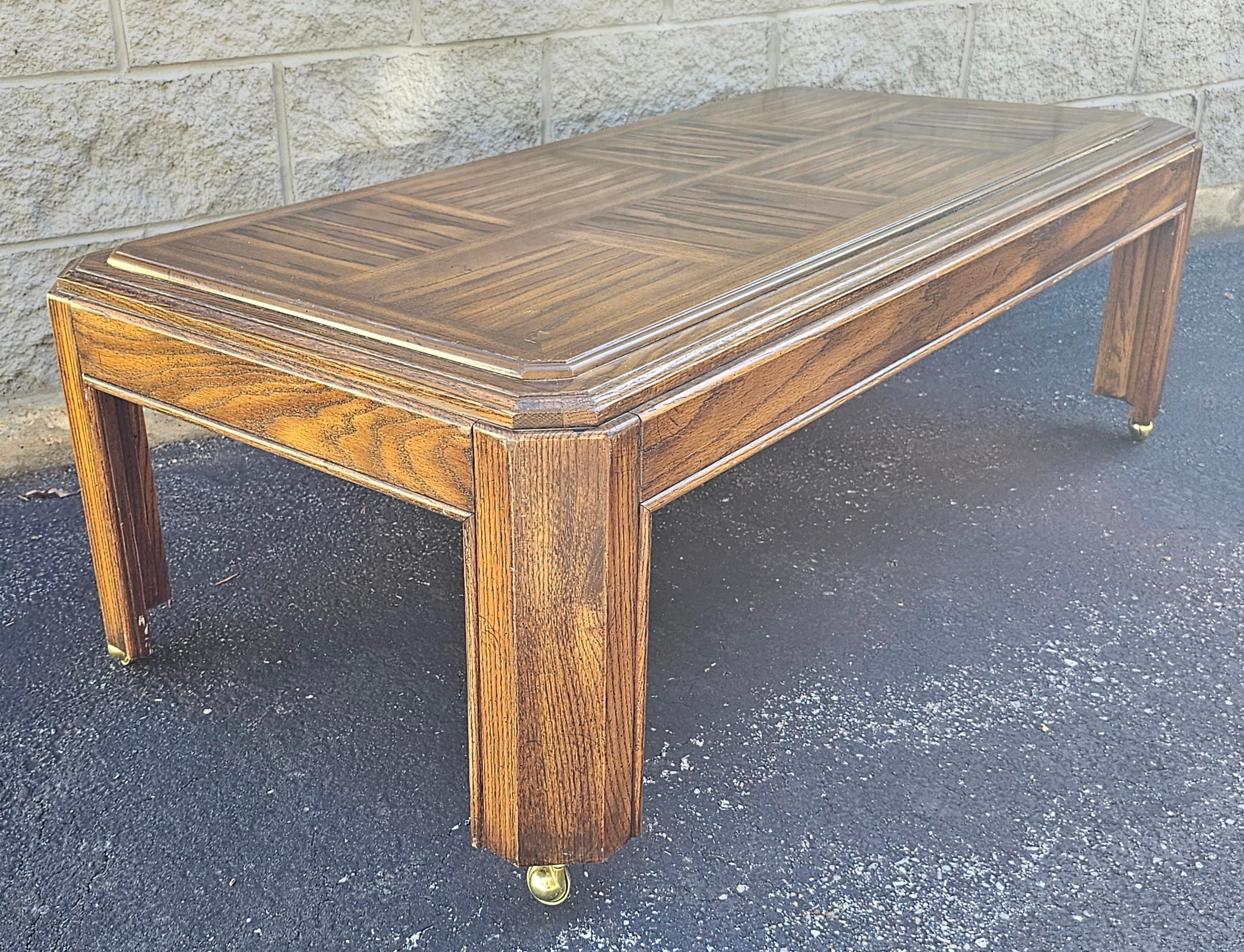 American Late 20th Century Oak Parquetry Top Coffee Table on Casters For Sale