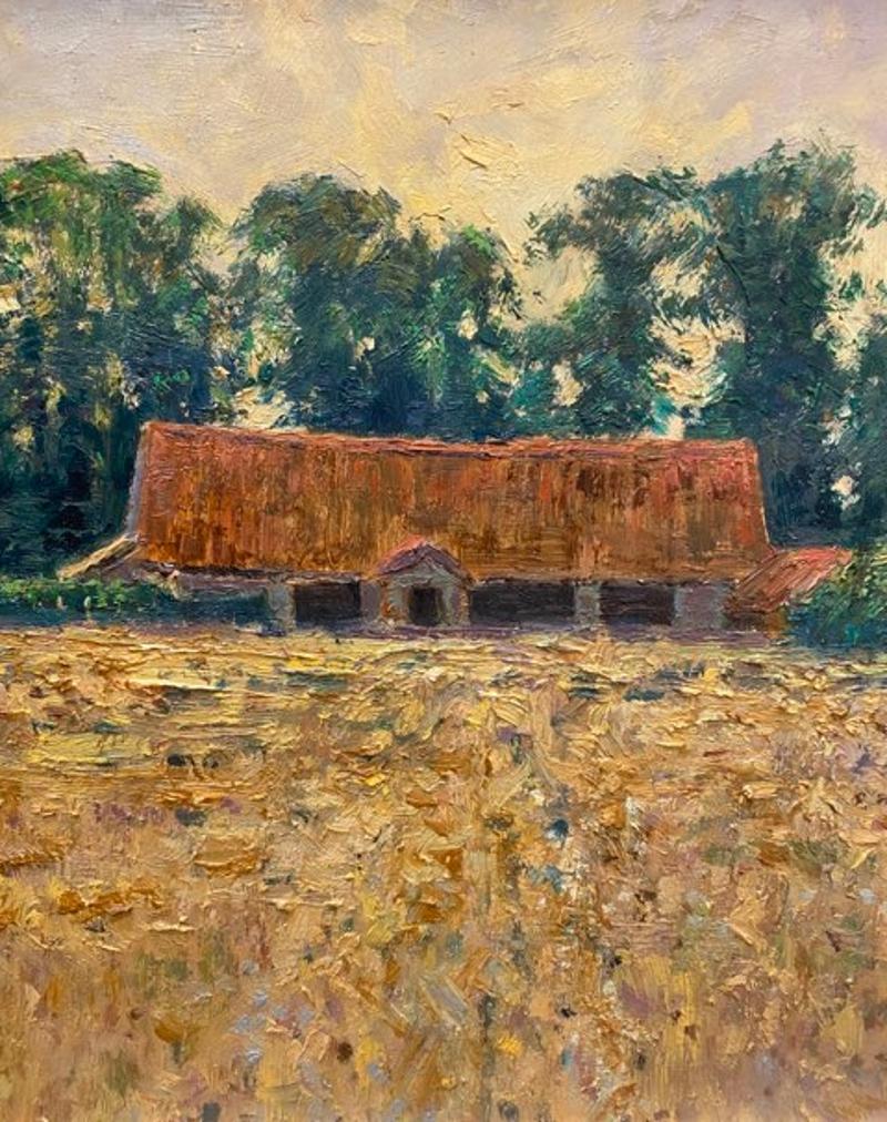 Late 20th century oil on board painting depicting english farmhouse
Artist: Charles Neal (British, 1951-)
Silverstone Farm near Brisley Norfolk
Oil on board; Gold gilt frame; lower right signed: C. Neal; verso label: Silverstone Farm / near