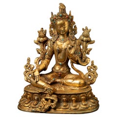 Late 20th century Old bronze Nepali Green Tara - 24 krt gold firegilded