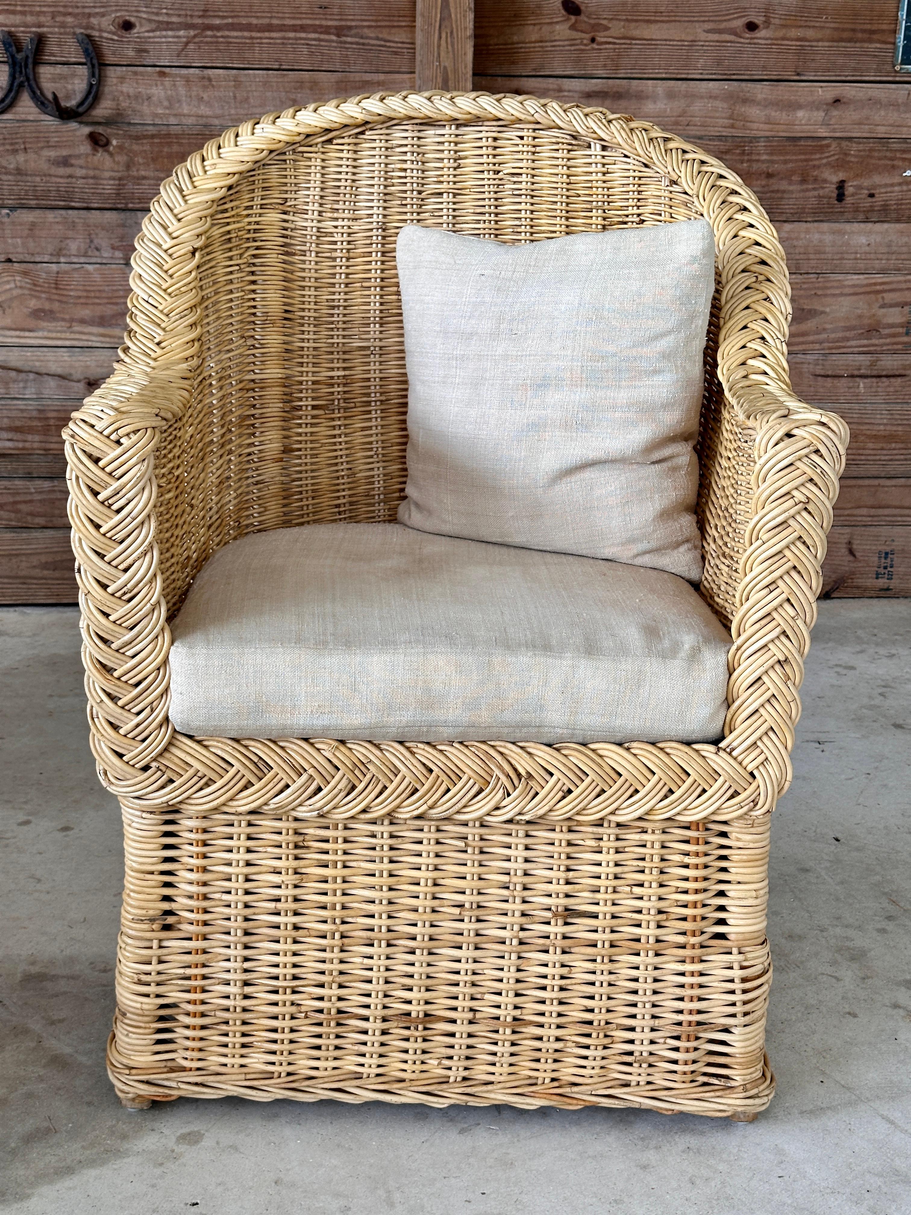 American Late 20th Century Organic Modern Coastal Large Braid Rattan Side Chair