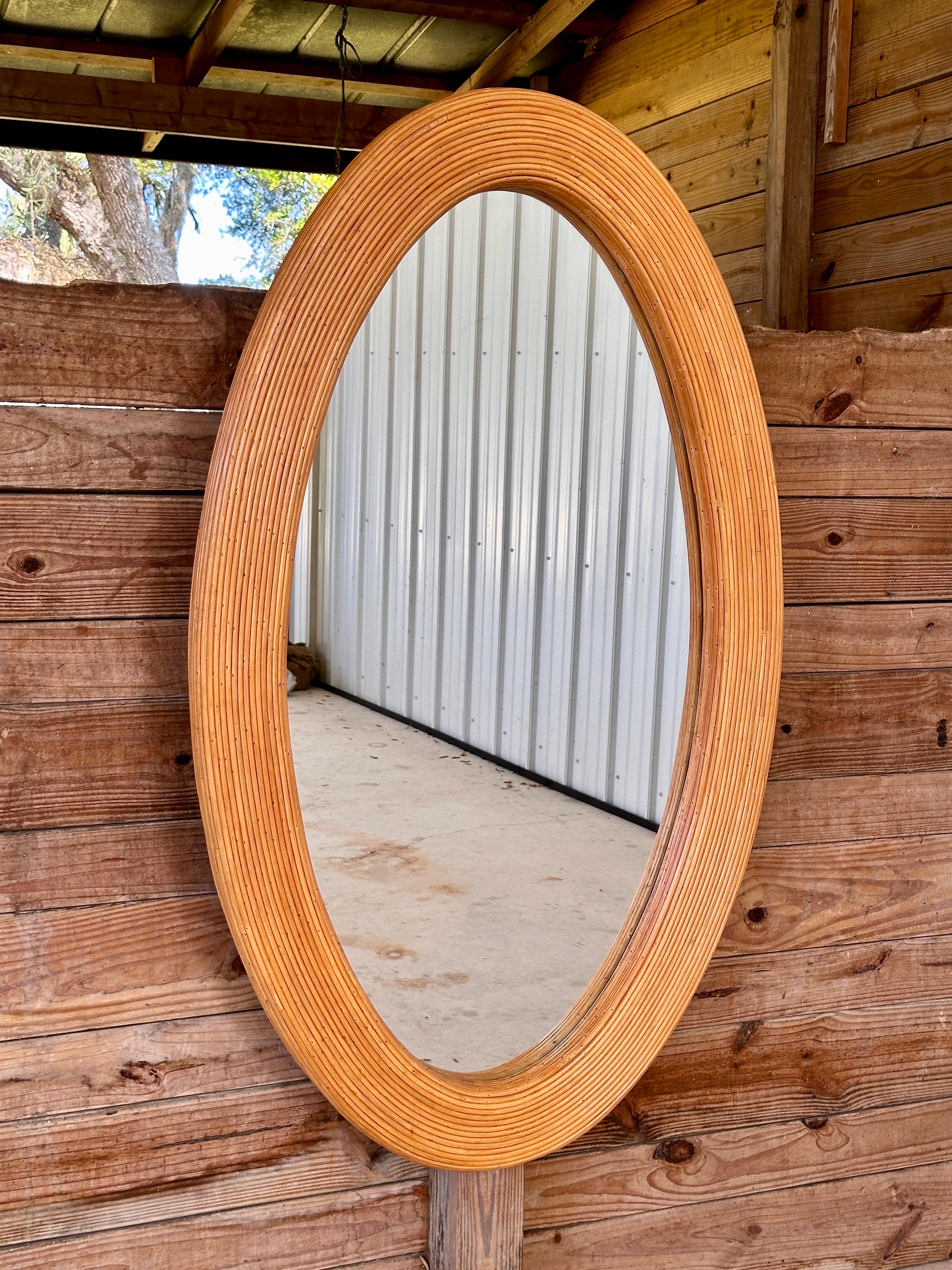 Late 20th century Organic Modern Coastal Pencil Reed Rattan Oval wall Mirror For Sale 2