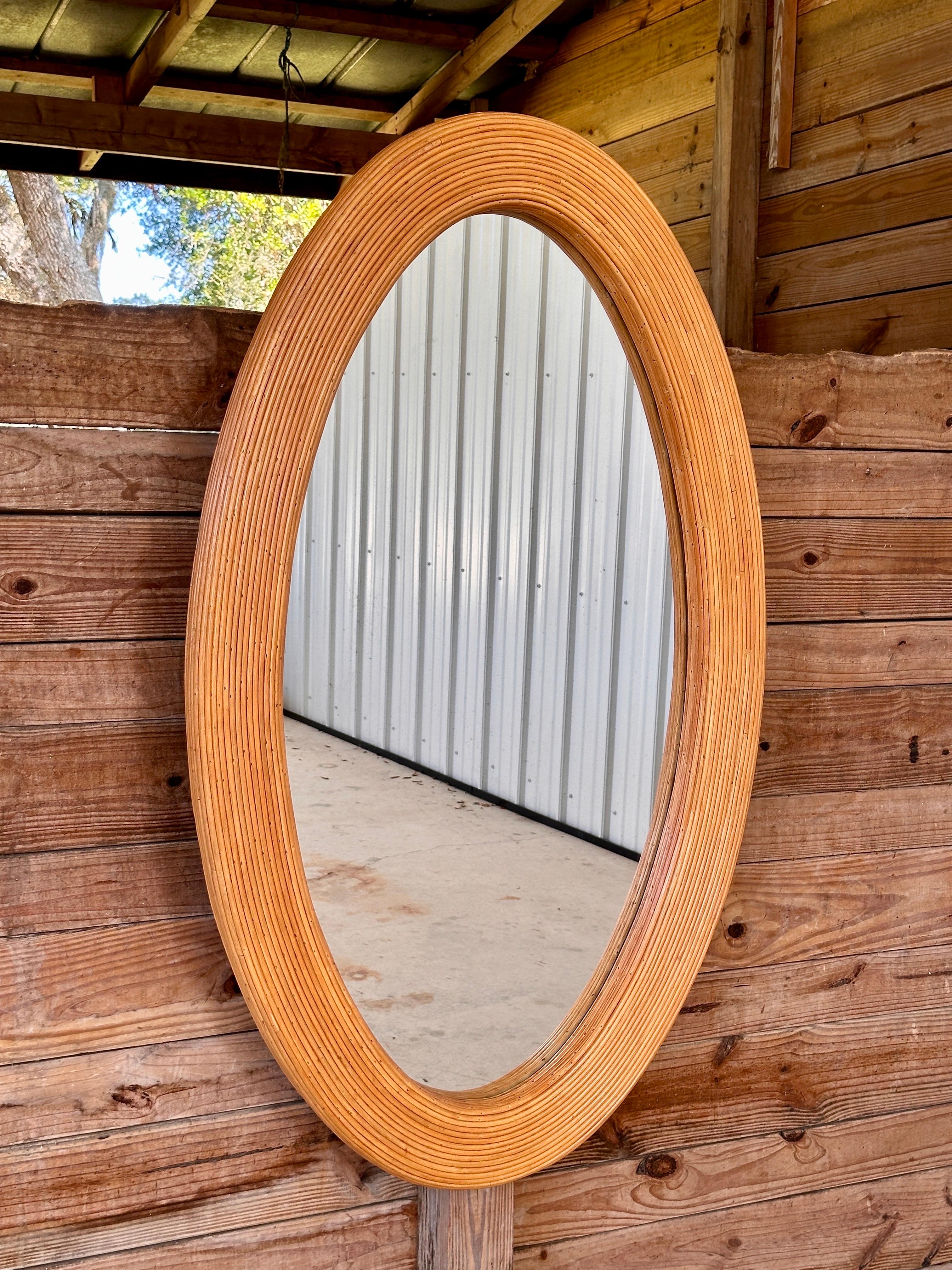 Late 20th century Organic Modern Coastal Pencil Reed Rattan Oval wall Mirror For Sale 3