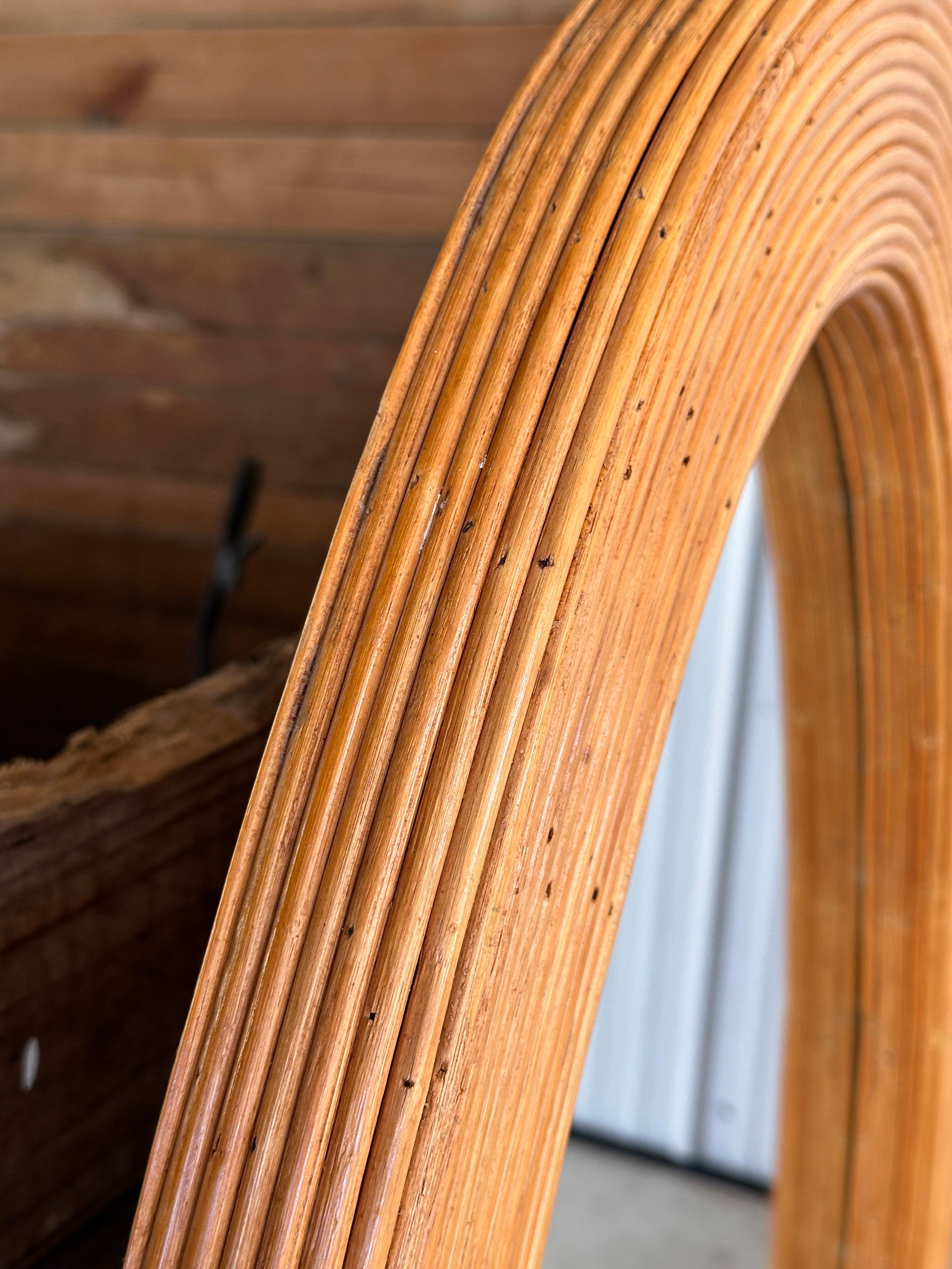 Bohemian Late 20th century Organic Modern Coastal Pencil Reed Rattan Oval wall Mirror For Sale