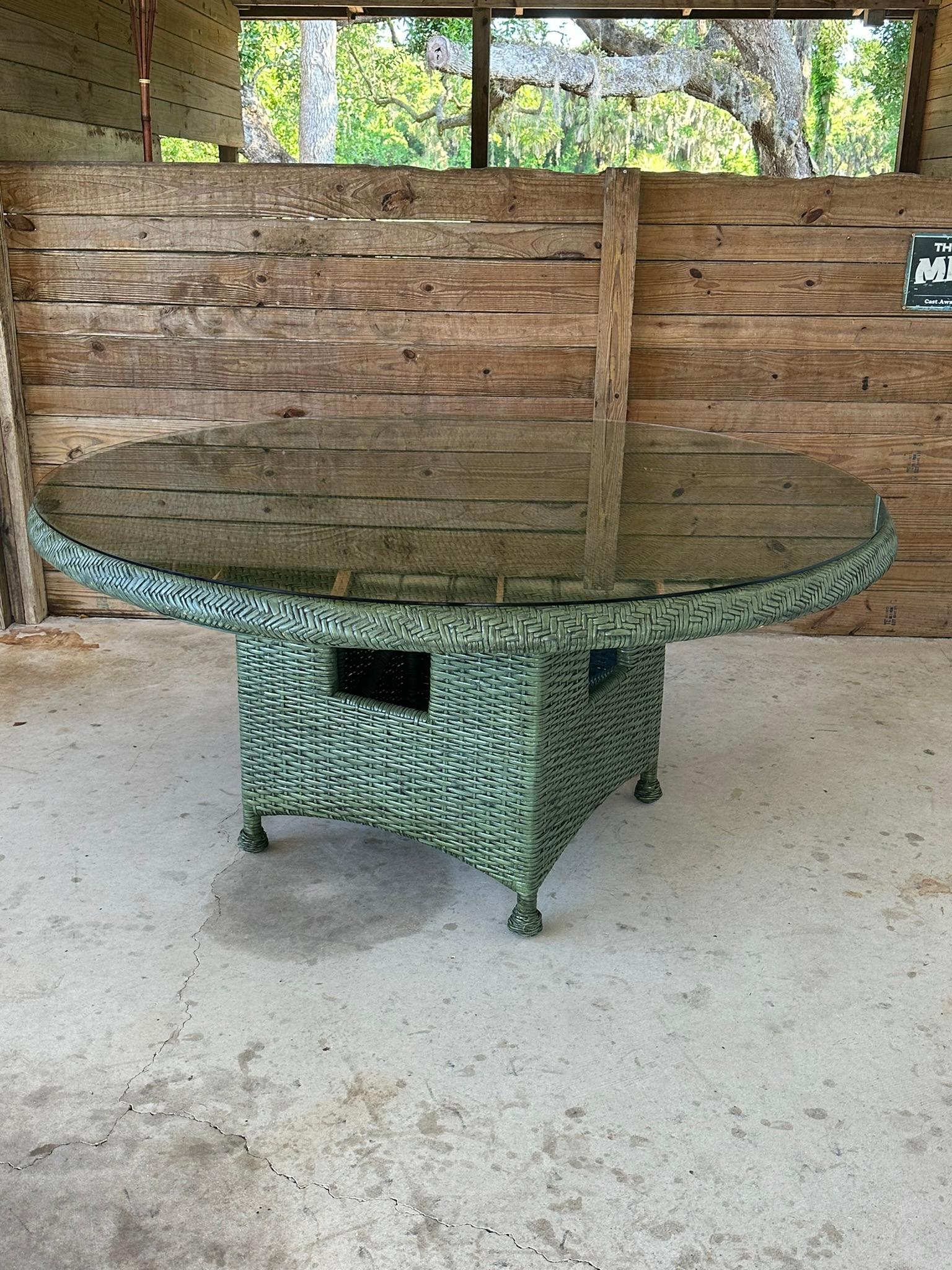 Mid-Century Modern Late 20th Century Organic Modern Coastal Rattan Weave Round Dining Table Mcguire
