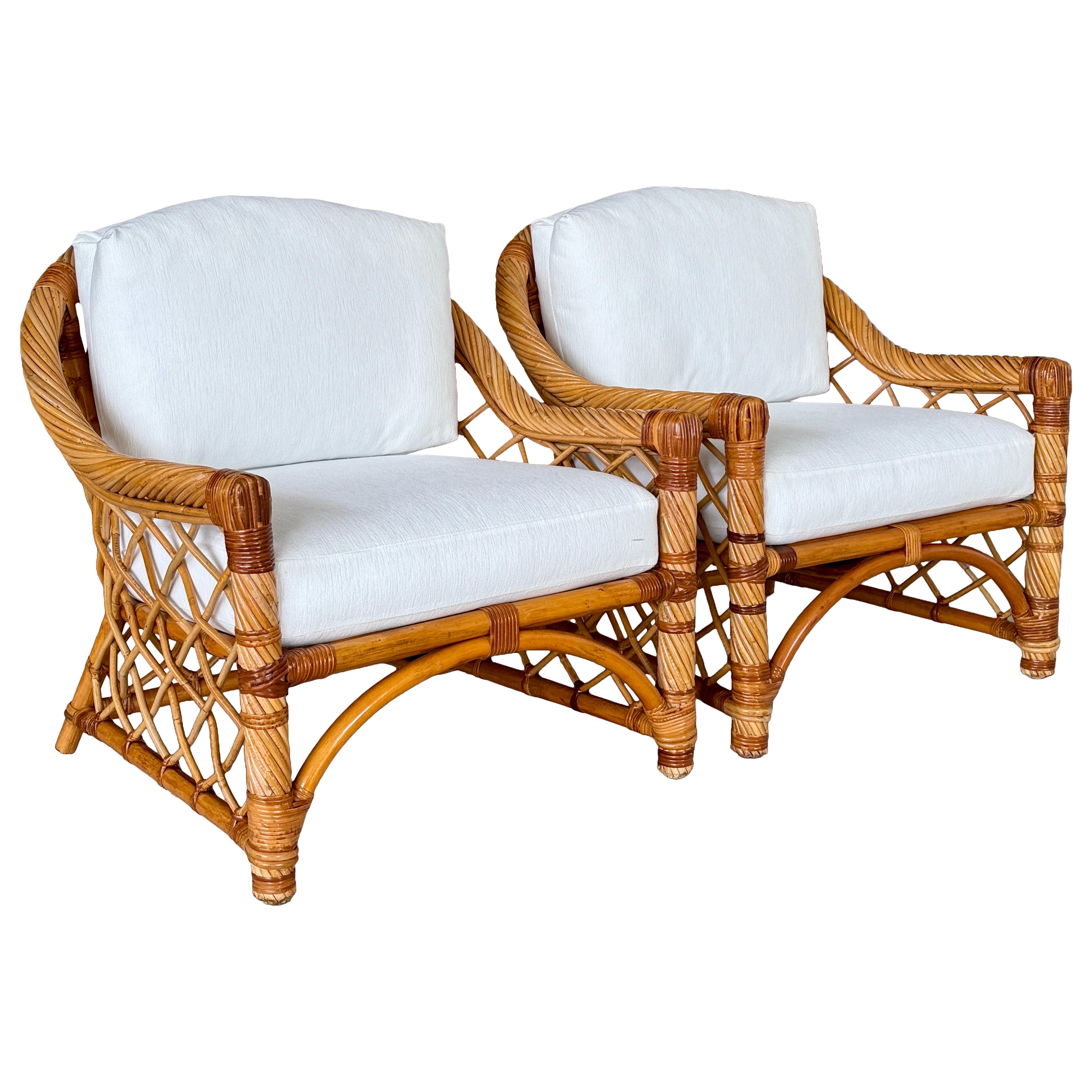 Late 20th Century Organic Modern Restored Twist Rattan Lounge Chairs With Custom