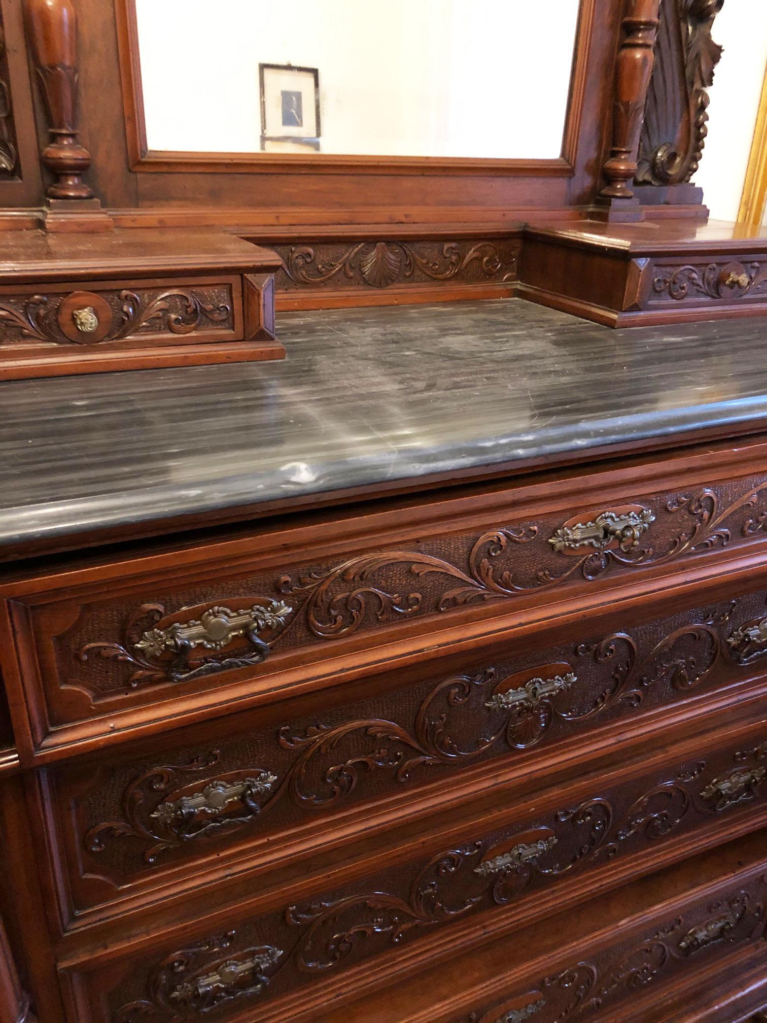 Late 20th Century Original Tuscan Carved Chest of Drawers Walnut Marble For Sale 4