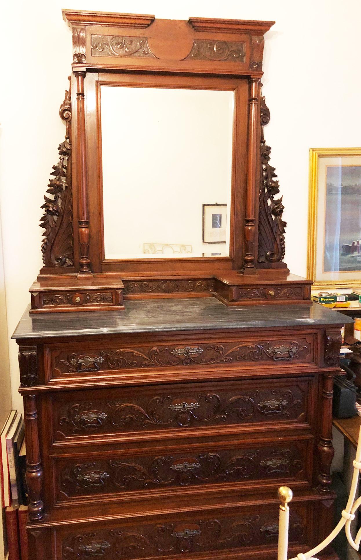 Baroque Revival Late 20th Century Original Tuscan Carved Chest of Drawers Walnut Marble For Sale