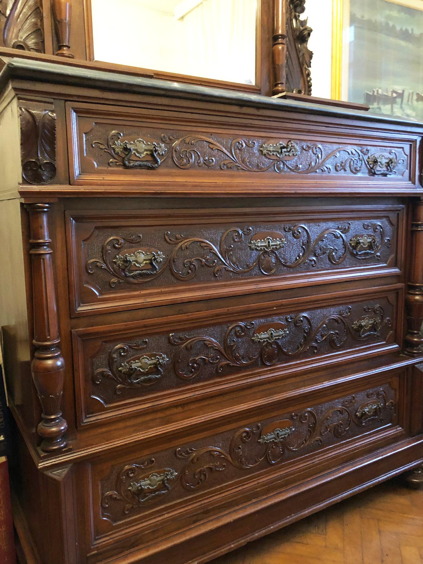 Italian Late 20th Century Original Tuscan Carved Chest of Drawers Walnut Marble For Sale