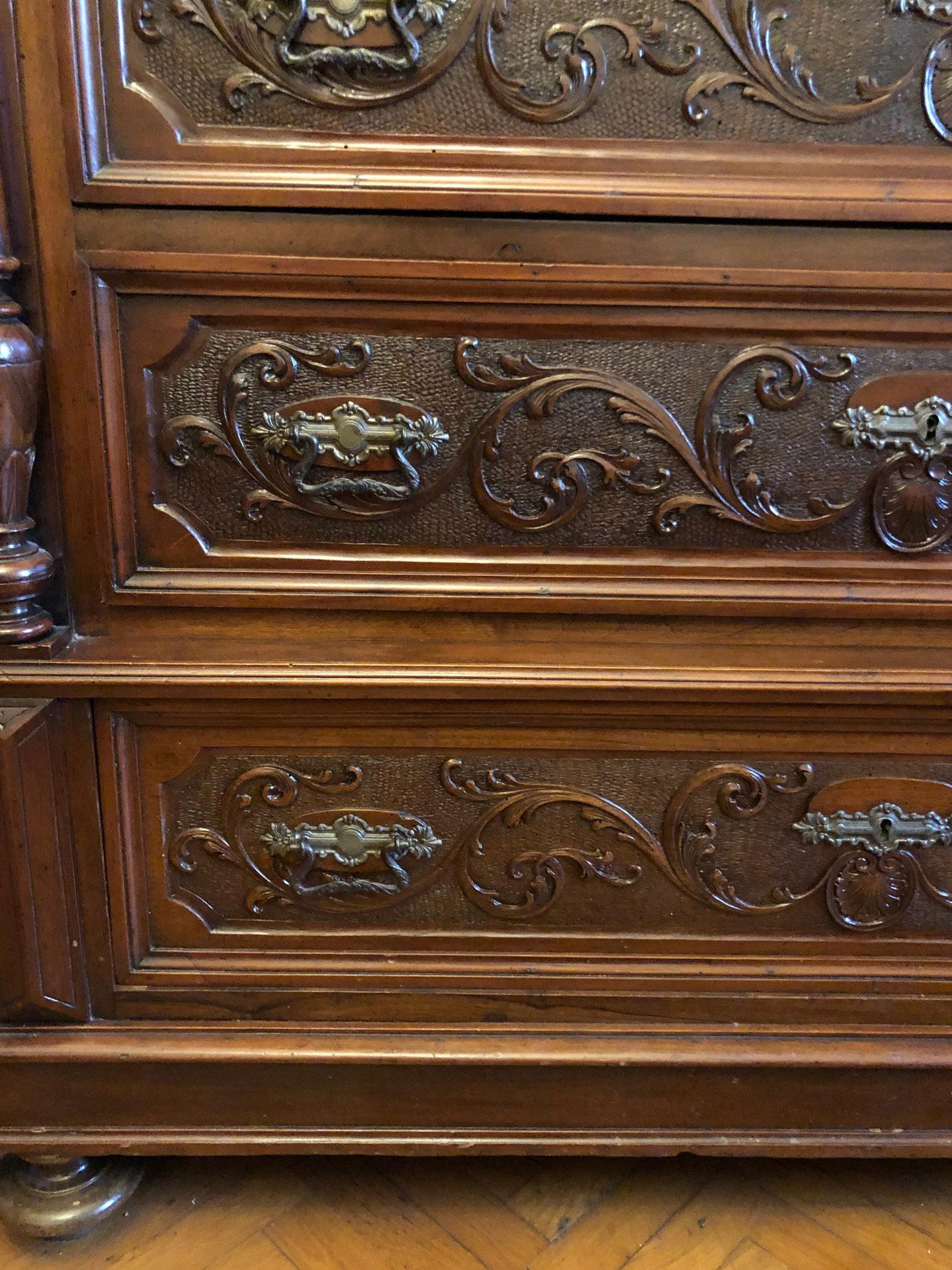 Late 19th Century Late 20th Century Original Tuscan Carved Chest of Drawers Walnut Marble For Sale