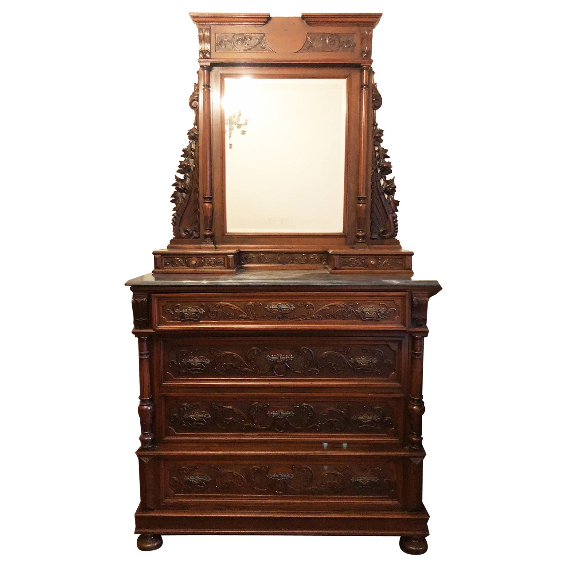Late 20th Century Original Tuscan Carved Chest of Drawers Walnut Marble For  Sale at 1stDibs