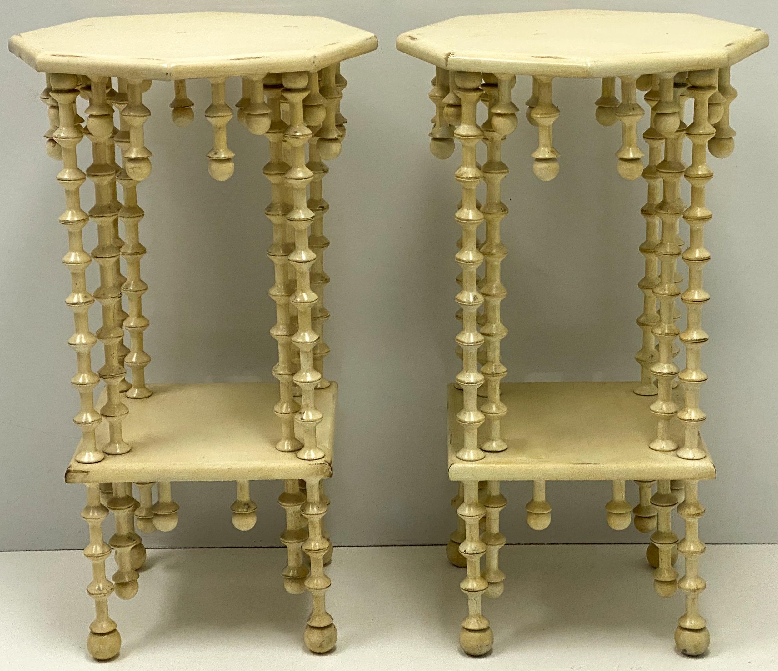 Late 20th Century Painted and Carved Bobbin or Spool Side Tables, Pair In Good Condition In Kennesaw, GA