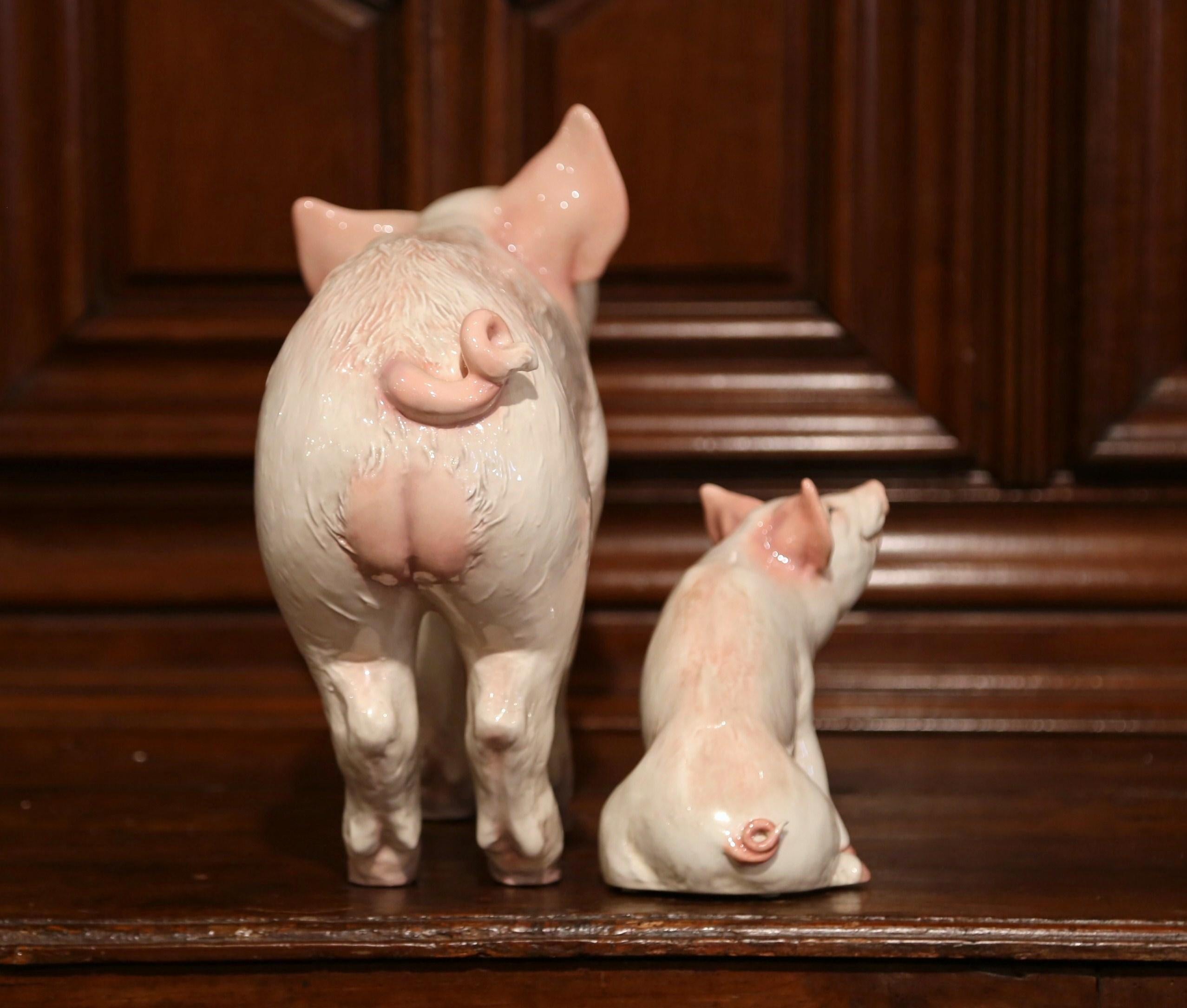 Hand-Painted Late 20th Century Painted Ceramic Pig and Piglet Sculptures from Townsend
